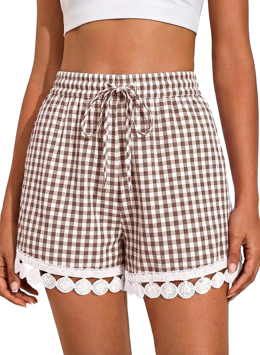 Detalle de Dokotoo Women's Shorts: Casual Summer Loose Elastic Waist Drawstring Lace Boho Beach Cover Up