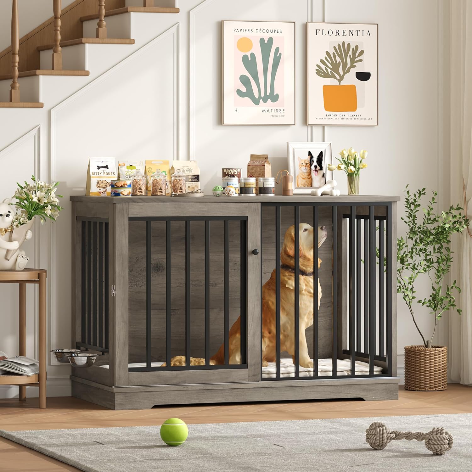 Detalle 2 de FirFurd Hundekäfig Möbel 120 cm breit – Hundebox aus Metall und Holz, inkl. Schiebetüren (120 x 90 x 60 cm)