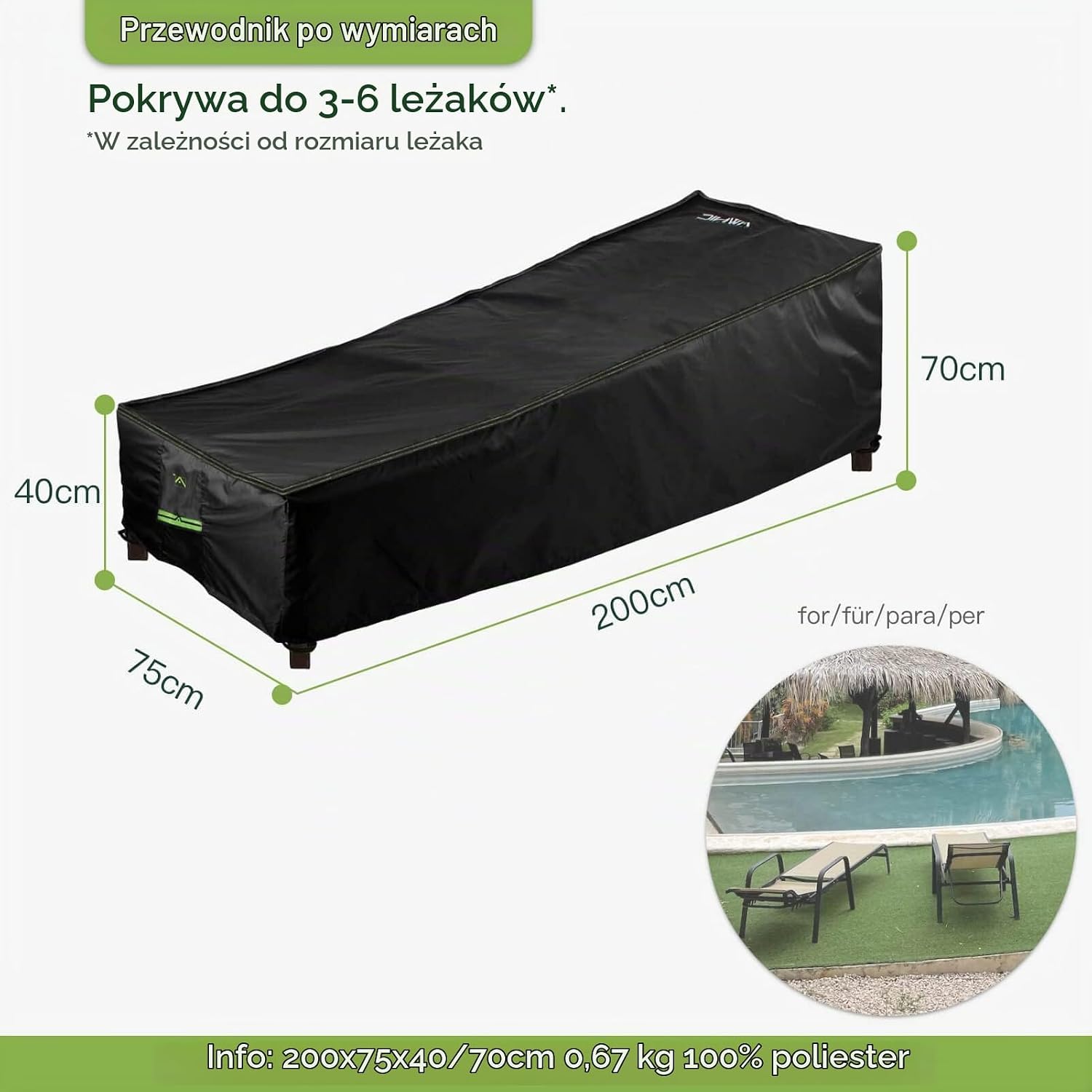 Detalle 2 de AWNIC G200-3D – wodoodporny pokrowiec na leżak 200 × 75 × 40/70 cm, 420D