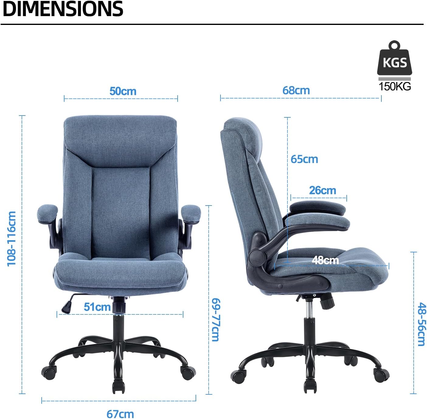 Thumbnail 2 de MZLEE Fabric Office Chair for Home Office – Ergonomic, 150kg, Flip-up Arms with Lumbar Support