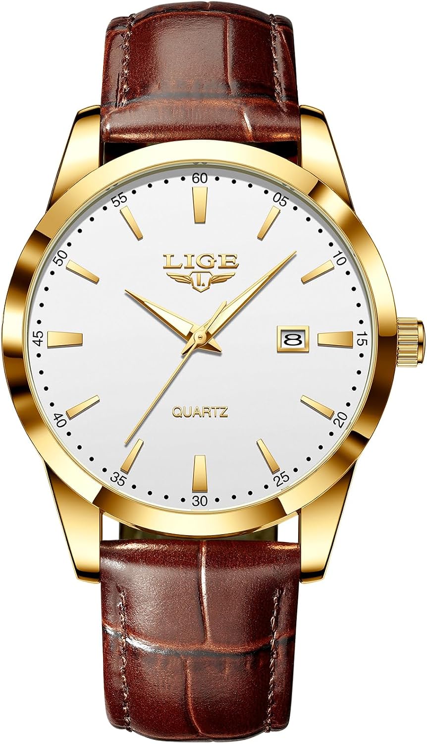 Detalle de LIGE Mens Watches Waterproof Analogue Vintage Quartz with Date, Brown Leather – Gold/White