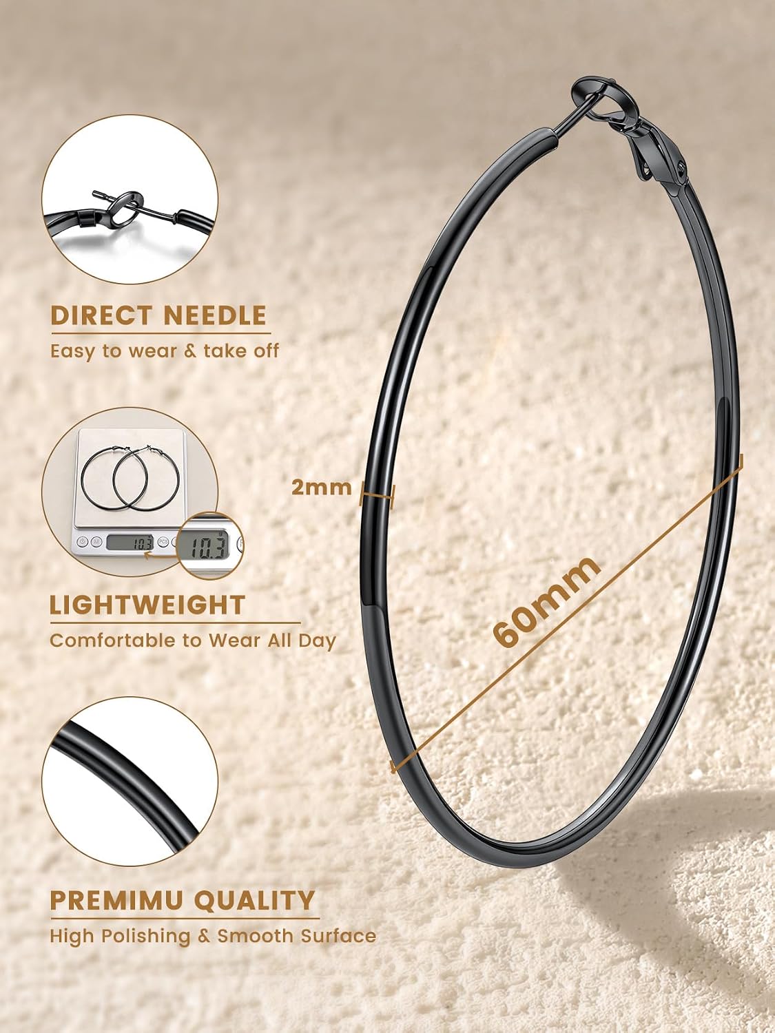 Detalle de GoldChic Créoles noires acier 10 g