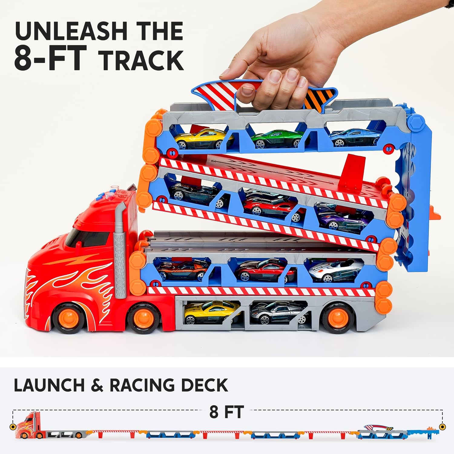 Detalle 2 de SYNCFUN Transport Race Truck Toy Cars – 8-Foot Foldable 3-Layer Race Track Set with 12 Cars, Lights & Sounds