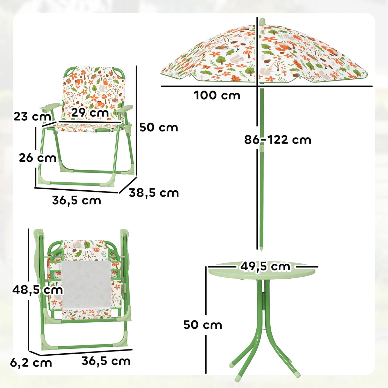 Thumbnail 6 de AIYAPLAY Ensemble salon de jardin enfant 4 pièces (table, 2 chaises pliantes et parasol) motif éléphant et girafe