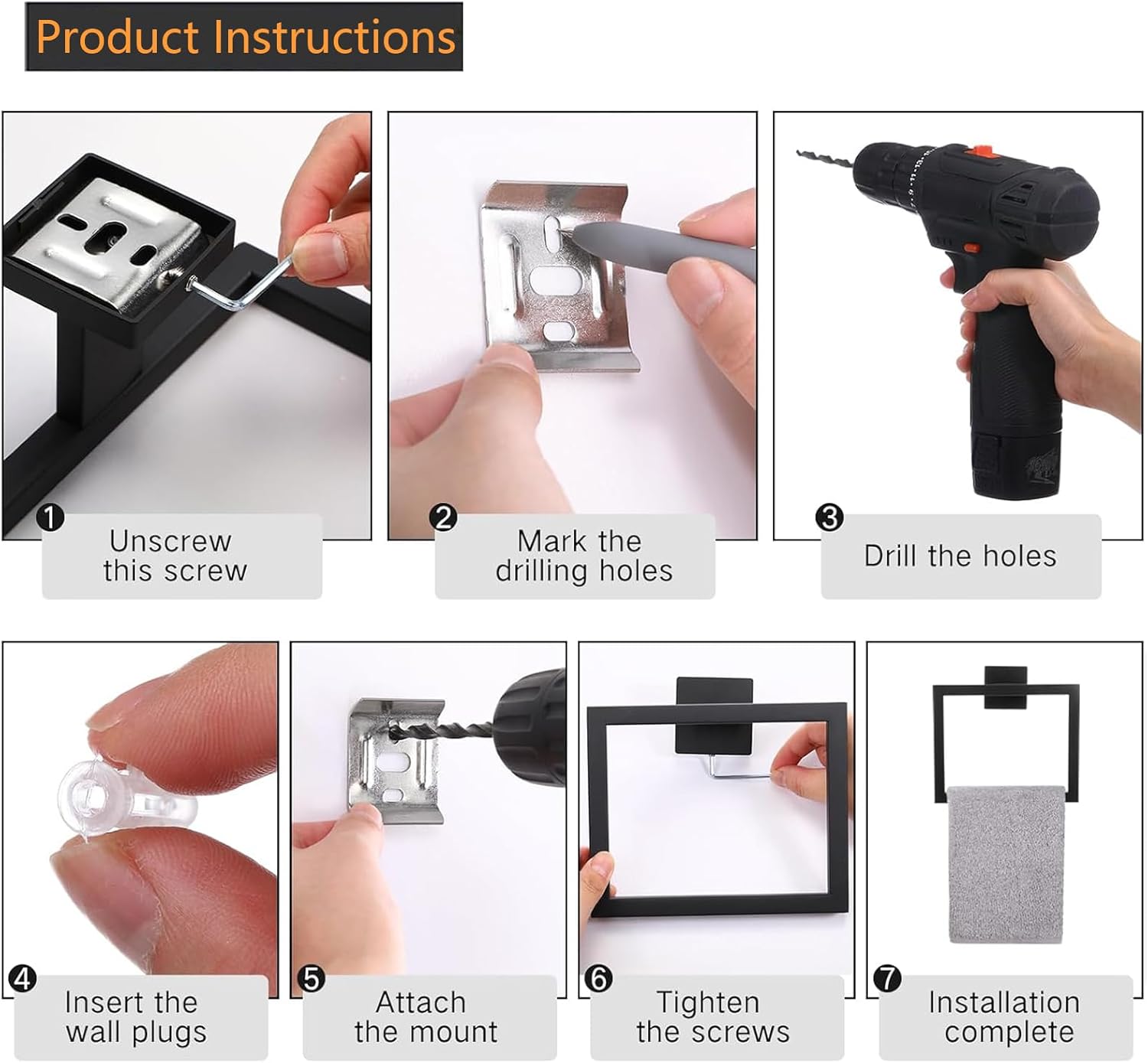 Thumbnail 6 de JOPOFI XY-A040 Towel Ring, Matte Black Stainless Steel, Square Design