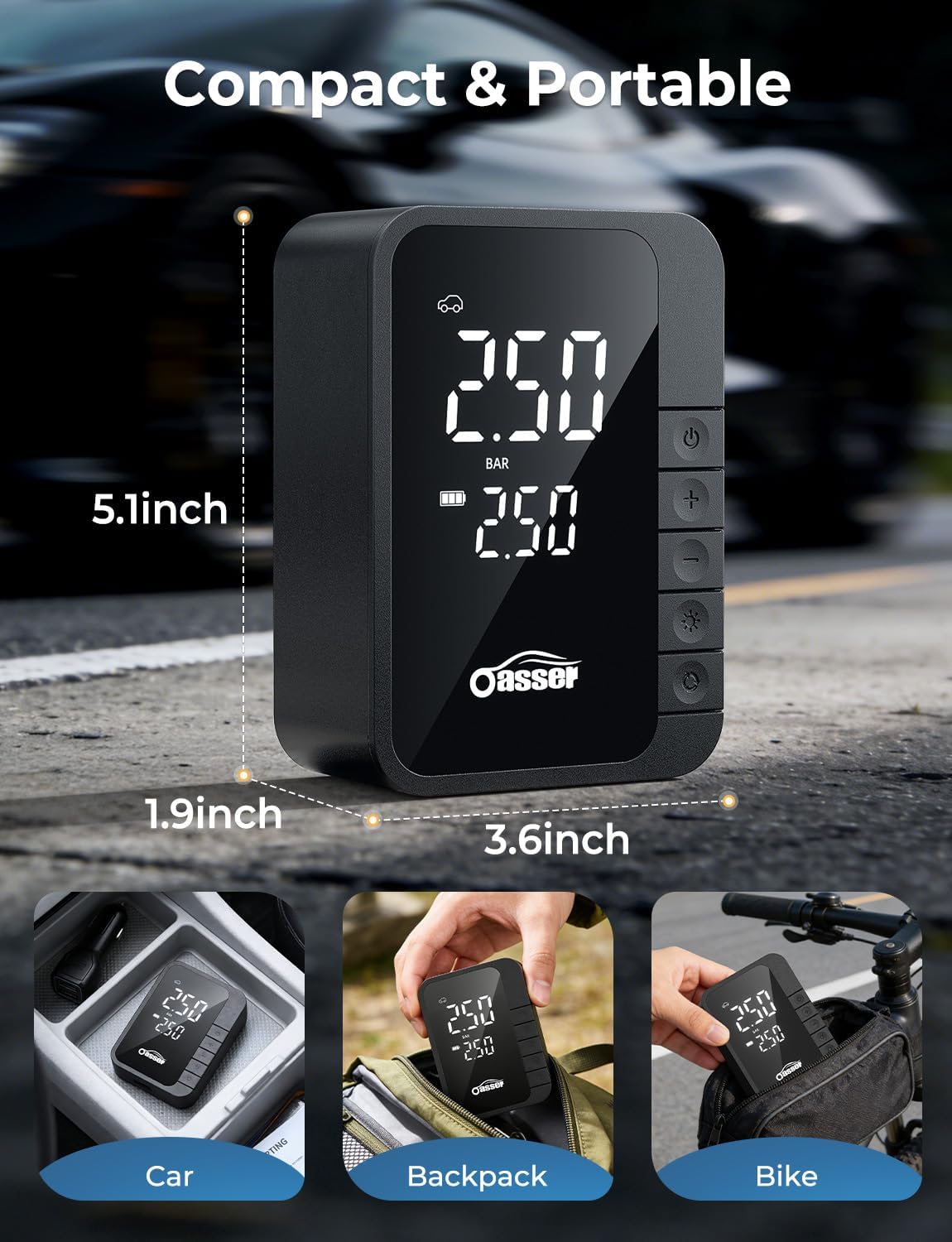 Thumbnail 6 de Oasser Car Tyre Inflator Wireless 6000mAh Mini Air Compressor – Compact, 150 PSI with LED Light