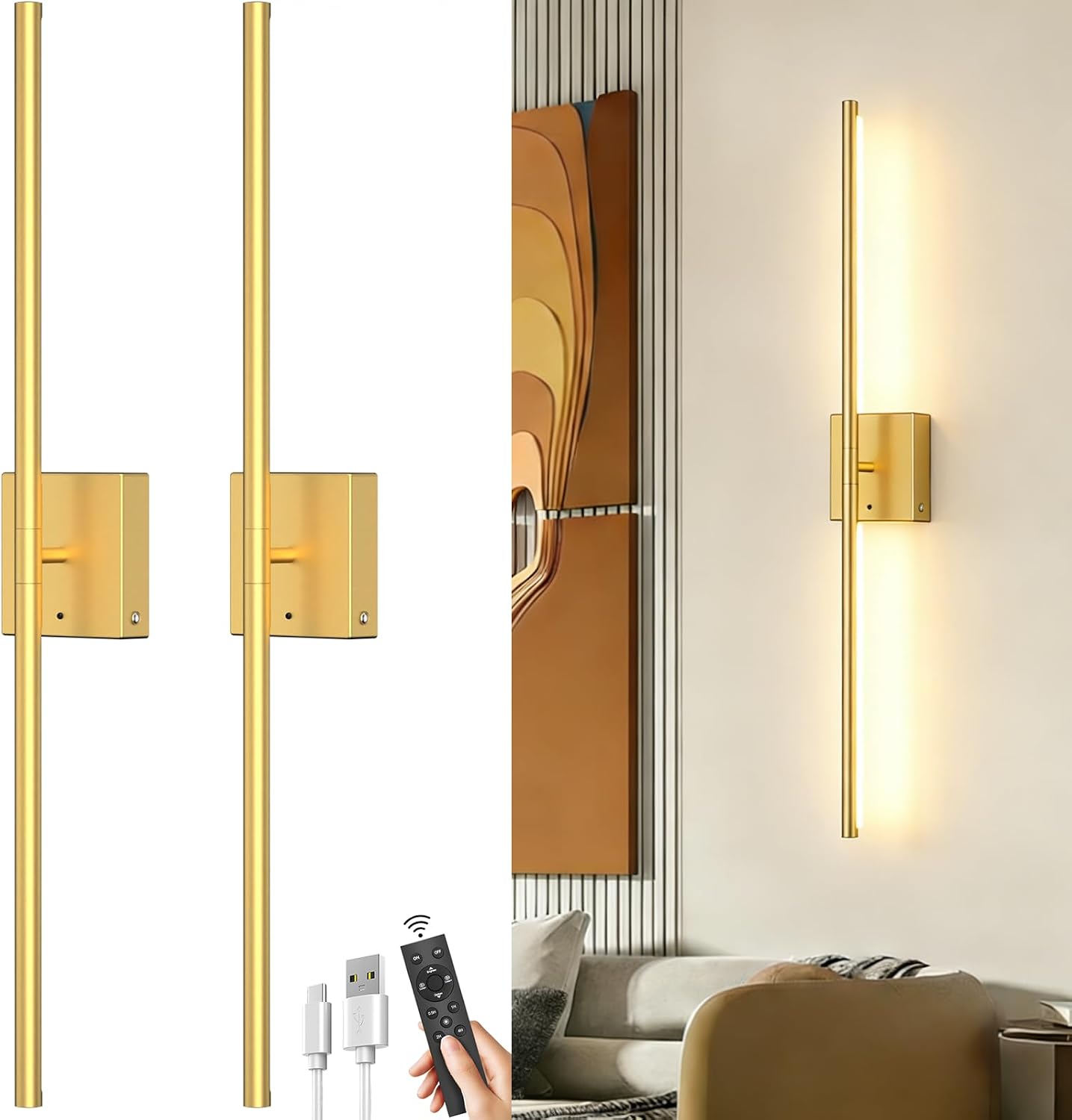 Detalle de iThird New-MDG2P Rechargeable Wall Sconces, Set of 2, Gold, Dimmable