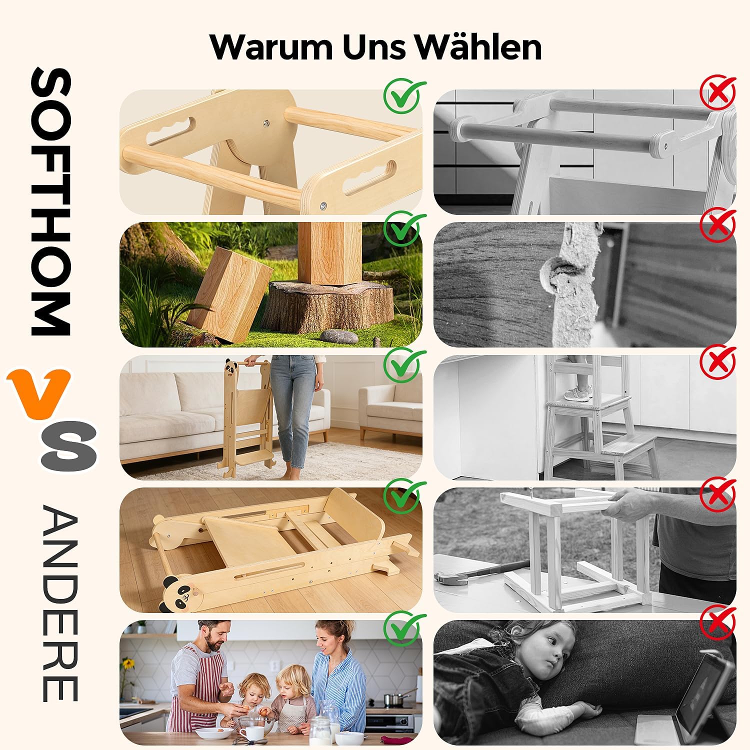 Thumbnail 6 de SOFTHOM Torre Montessori per bambini Pieghevole: sicurezza, altezza regolabile e risparmio di spazio