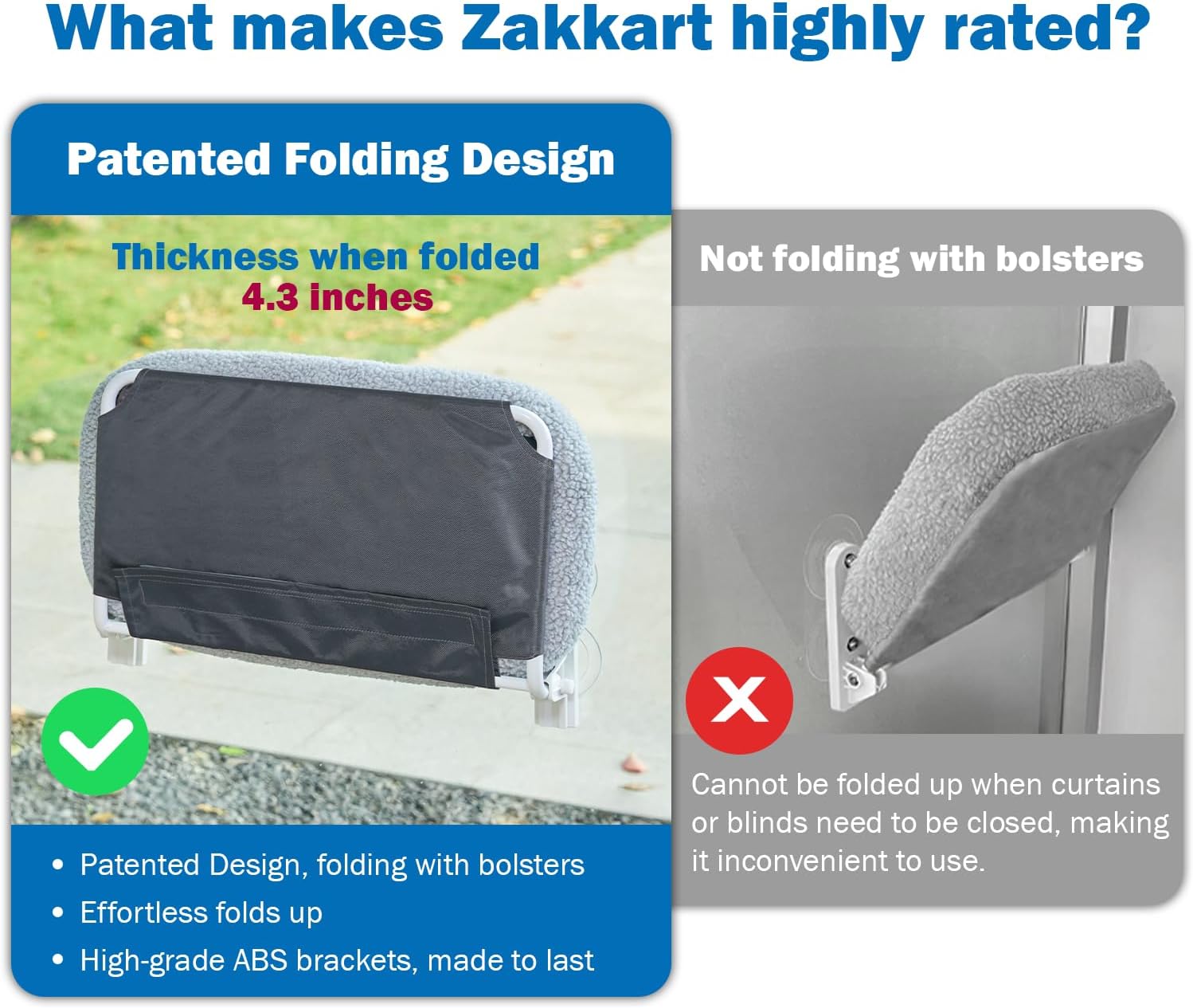 Thumbnail 2 de Zakkart Foldable Cat Hammock for Window (Cordless) with Machine-Washable Bed, Metal Frame & ABS Brackets – Large Gray Bolster