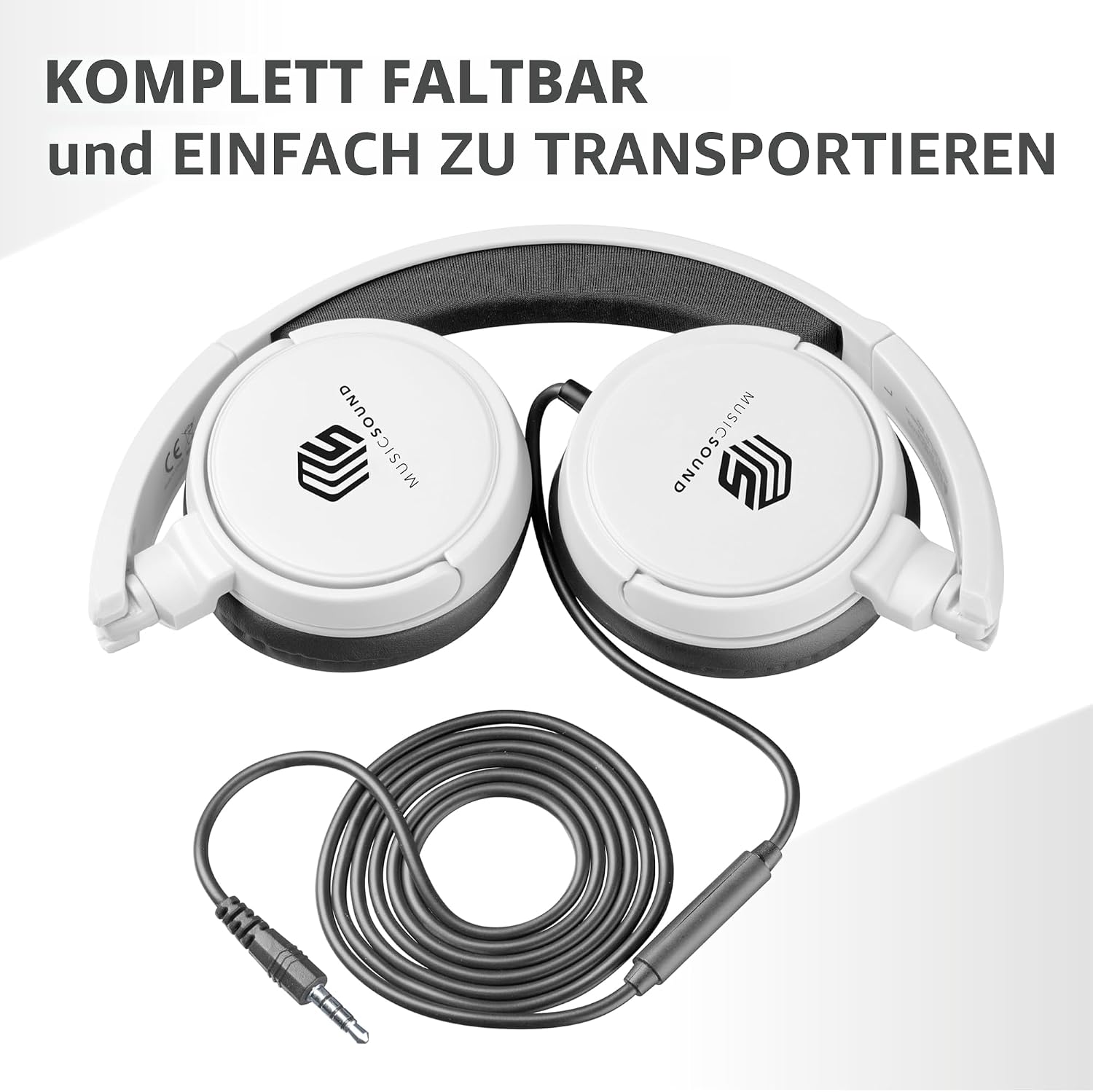 Detalle de Music Sound Basic Bügelkopfhörer mit Kabel (Over Ear), faltbar & Mikrofon, 3,5-mm-Klinke – Weiß