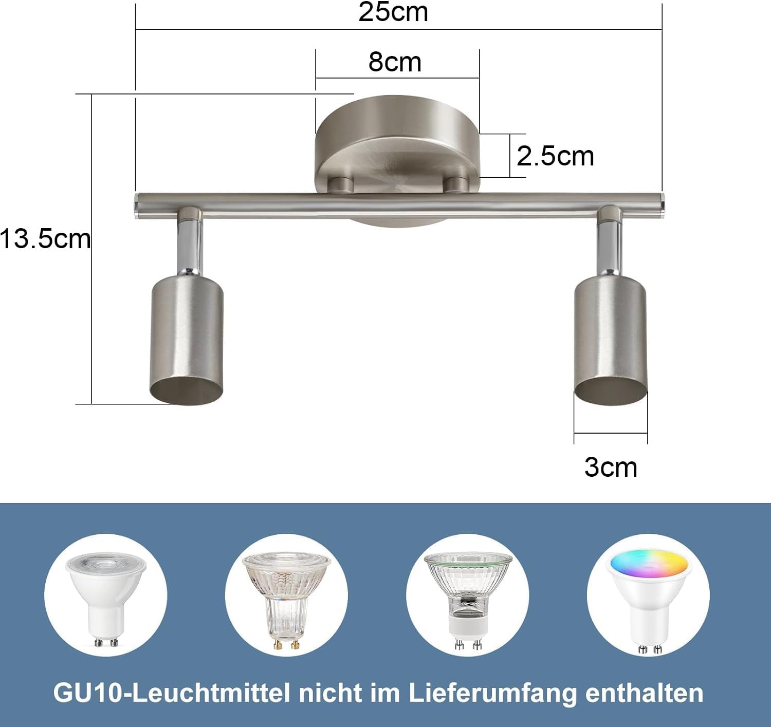 Thumbnail 6 de Glitzerlife LED Deckenstrahler 2-flammig für Flur mit GU10, schwenkbar 330° (ohne Leuchtmittel) – silber