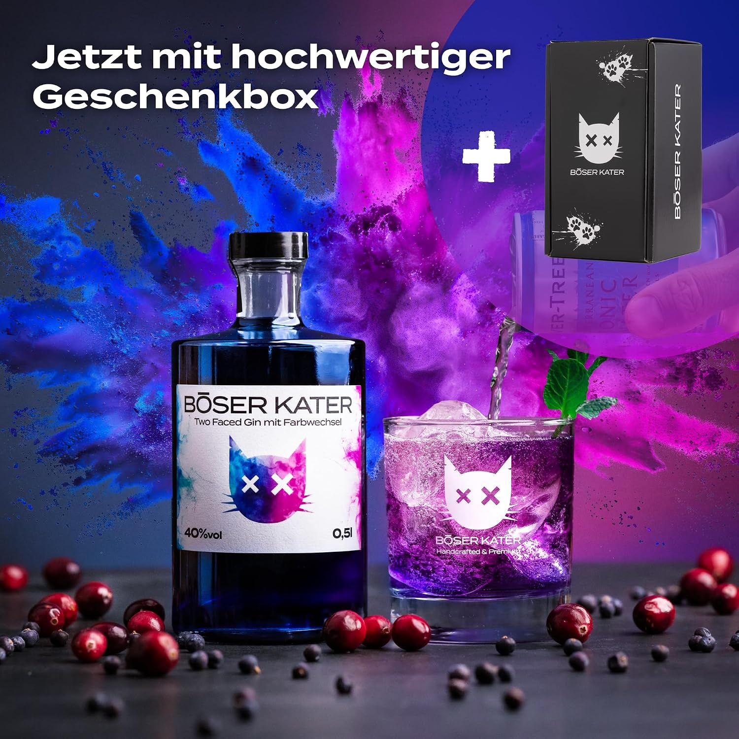 Detalle de BÖSER KATER Magic Two Faced Gin – Farbwechsel-Geschenk im hochwertiger Box, 0,5 l