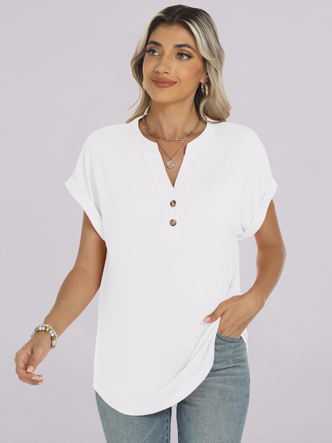 Thumbnail 6 de ANRABESS Women's Short Sleeve Henley Tops with V-Neck — Dressy Casual Blouses for Summer
