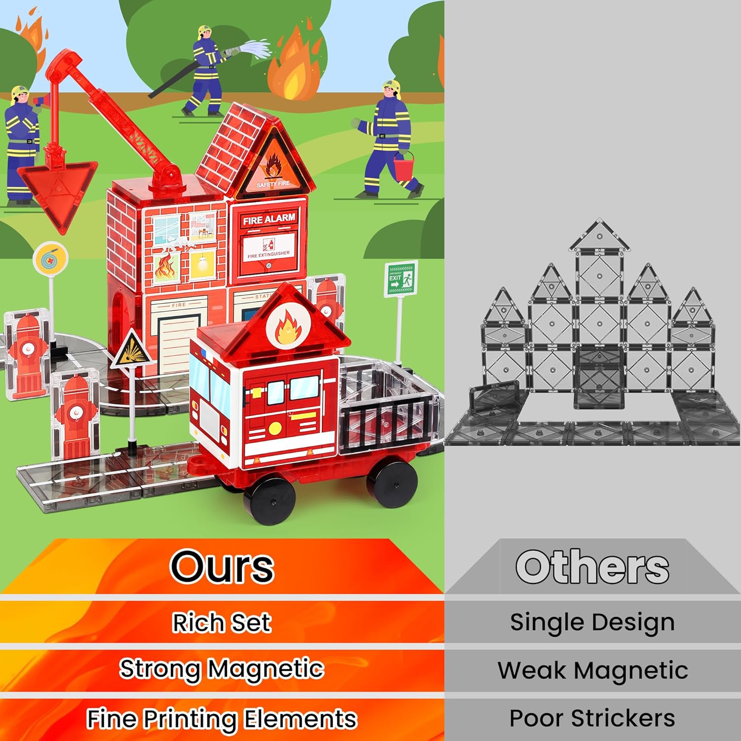 Detalle de Magnetic Tiles Road Set with Fire Truck — Creative STEM Building Toys for 3–12 Year Olds