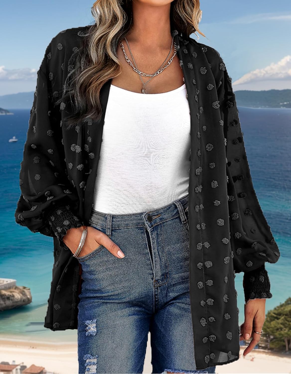 Detalle de Hey Joo Women's Sheer Chiffon Kimono Cardigan Open Front – Beach Cover Up