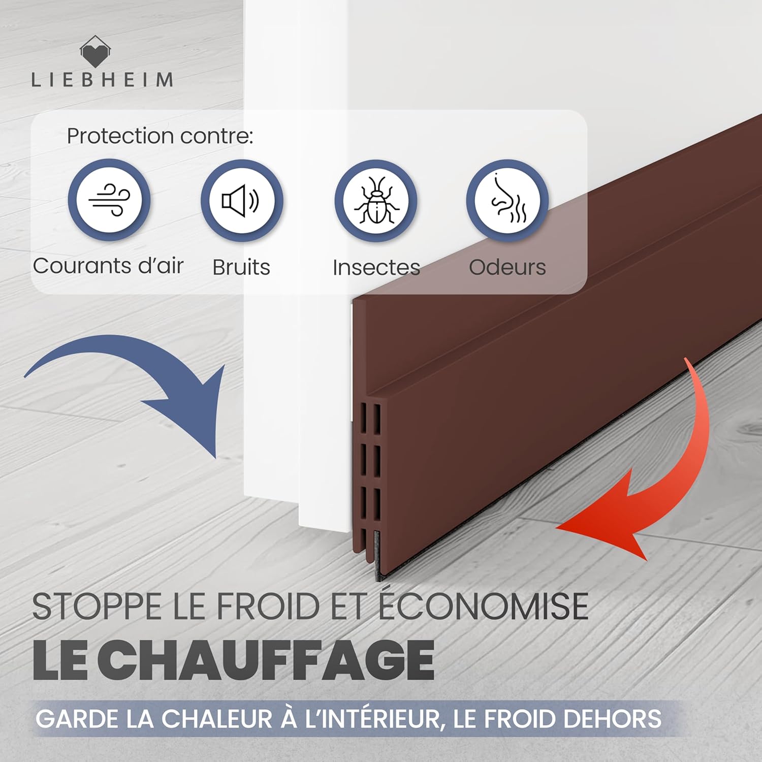 Detalle de Bas de porte isolant LIEBHEIM (boudin + joint) marron – 1 pièce, pour limiter froid, courants d’air et nuisibles