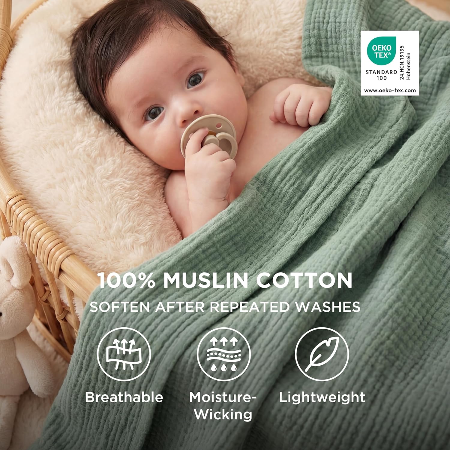 Thumbnail 1 de Bedsure 100% Cotton Muslin Throw Blanket – Soft, Breathable 4-Layer Gauze, Sage Green, 150x200 cm