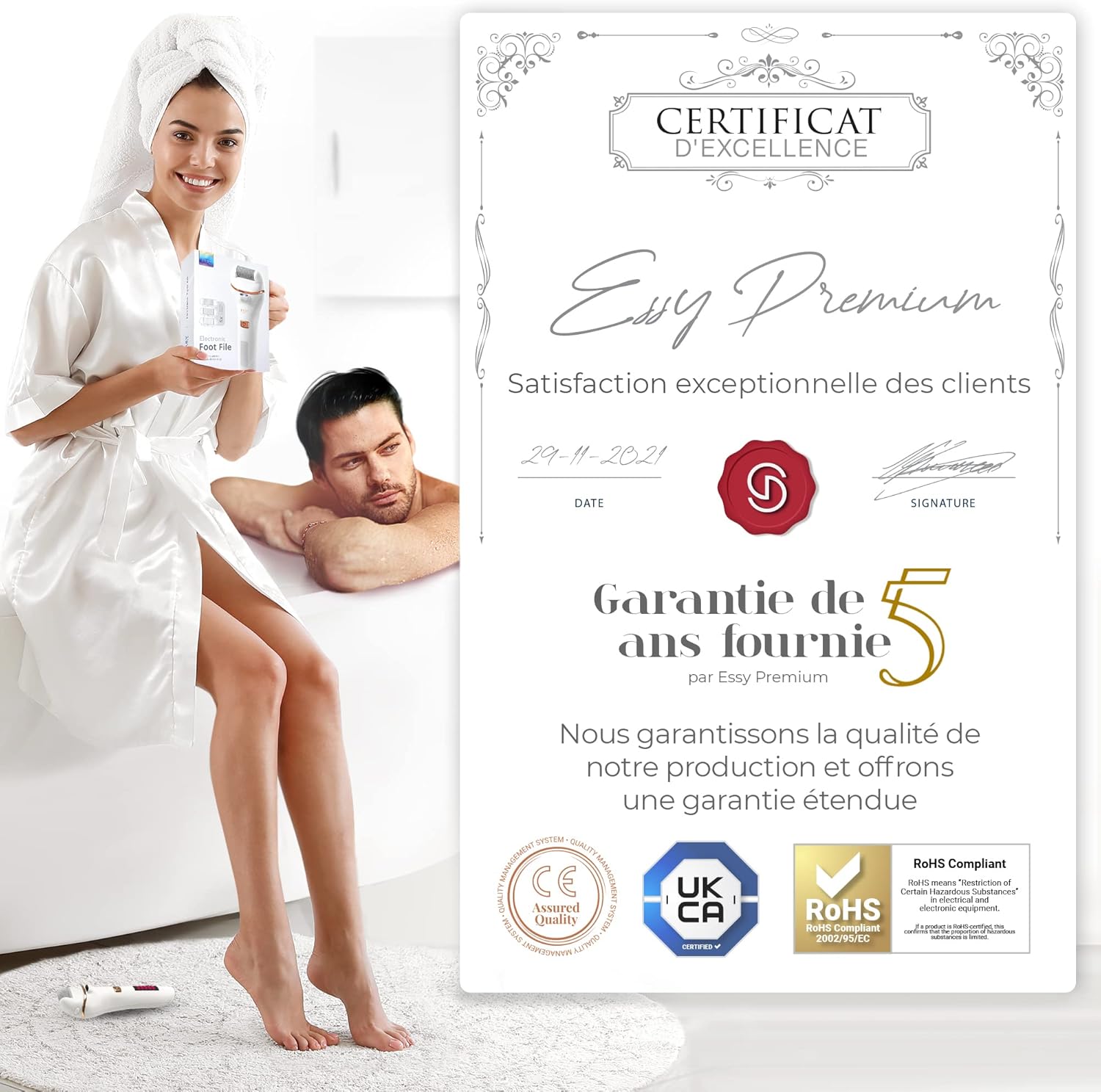 Detalle de Essy Râpe à Pieds Électrique avec 3 Rouleaux Interchangeables – Kit Pédicure Rechargeable (Blanc)