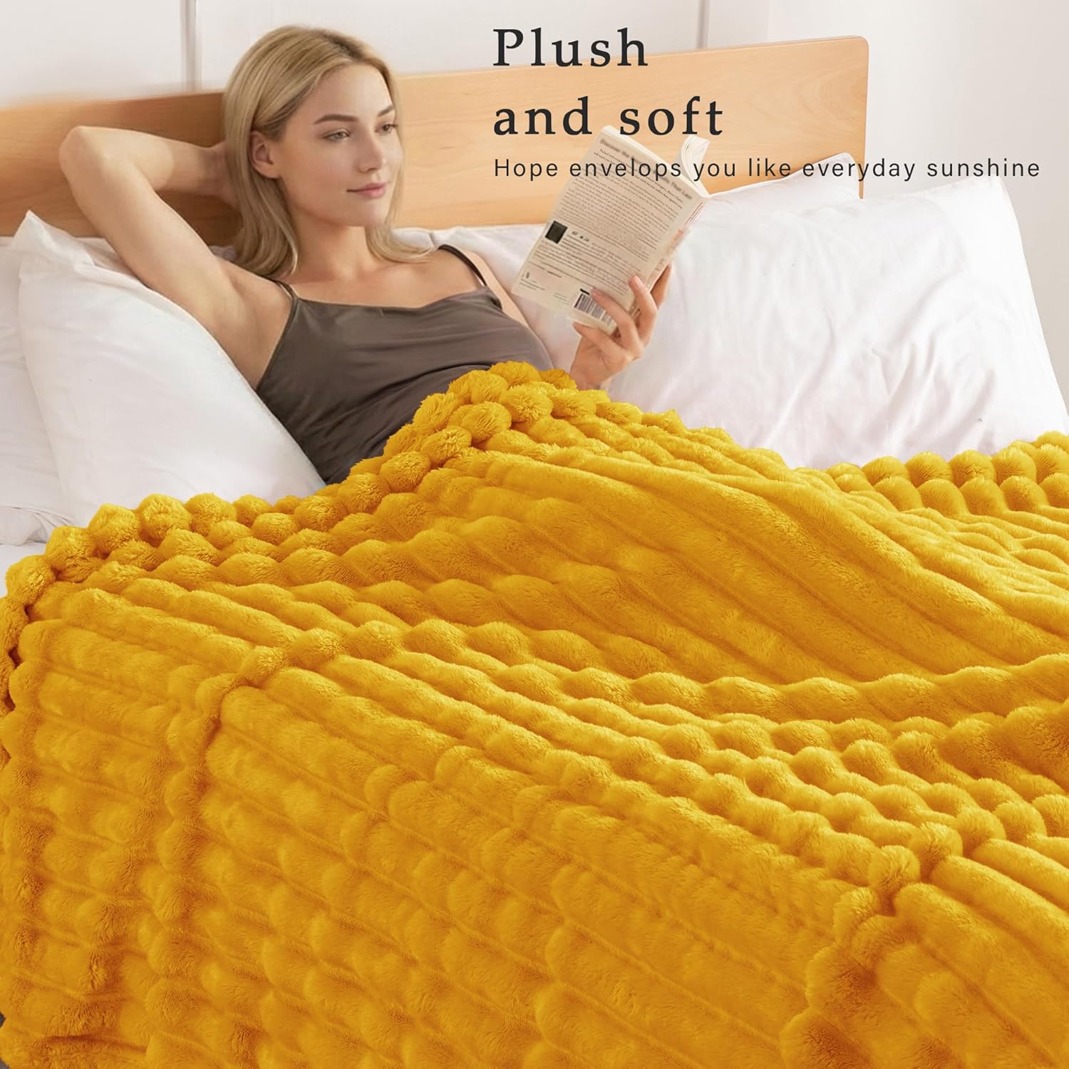 Thumbnail 1 de Exclusivo Mezcla fleece throw blanket for sofa, super-soft striped jacquard 127x152 cm in mustard yellow
