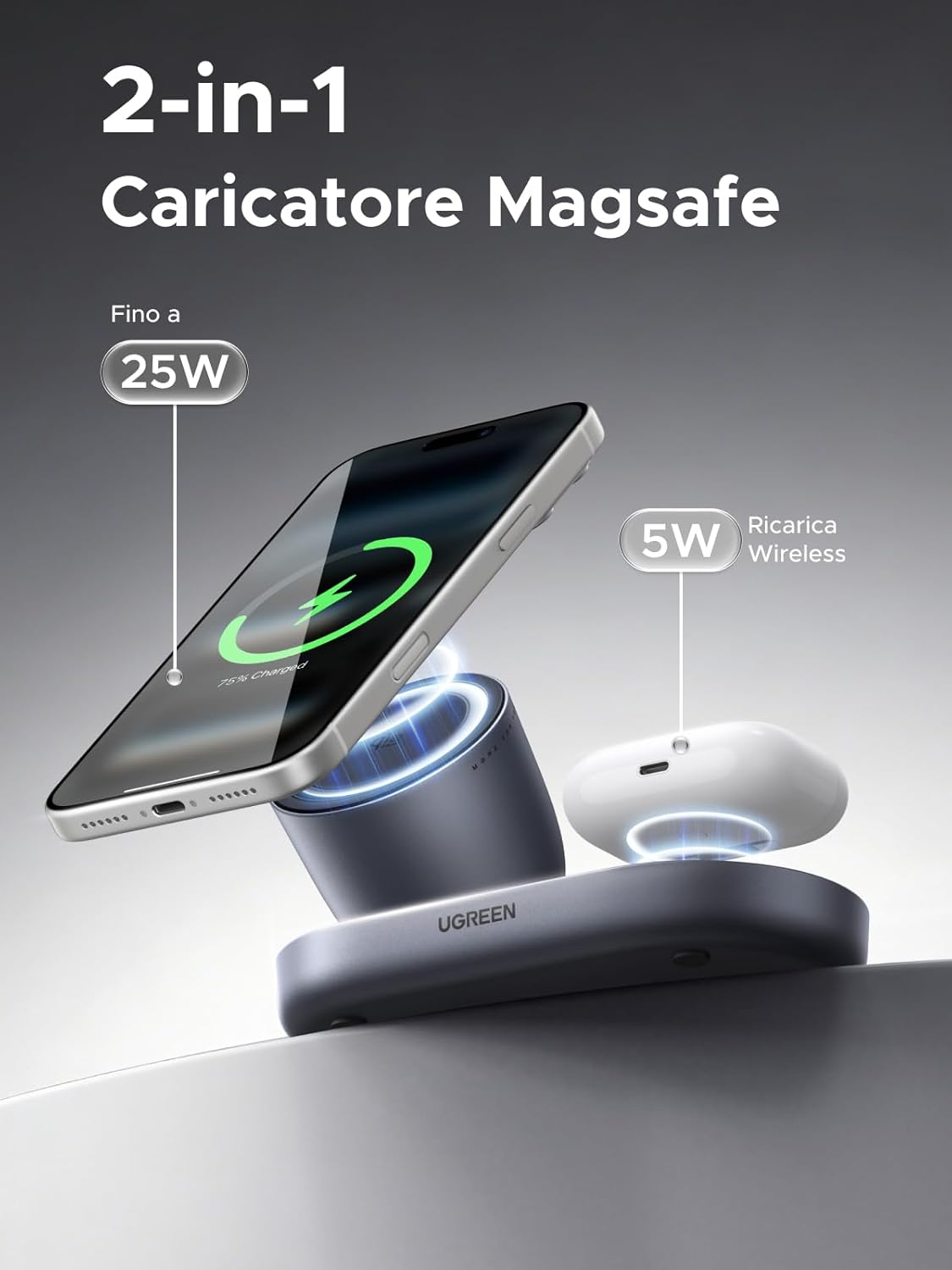 Detalle de UGREEN Zapix Caricatore Wireless per iPhone Qi2 25W (2-in-1) con base magnetica Magsafe