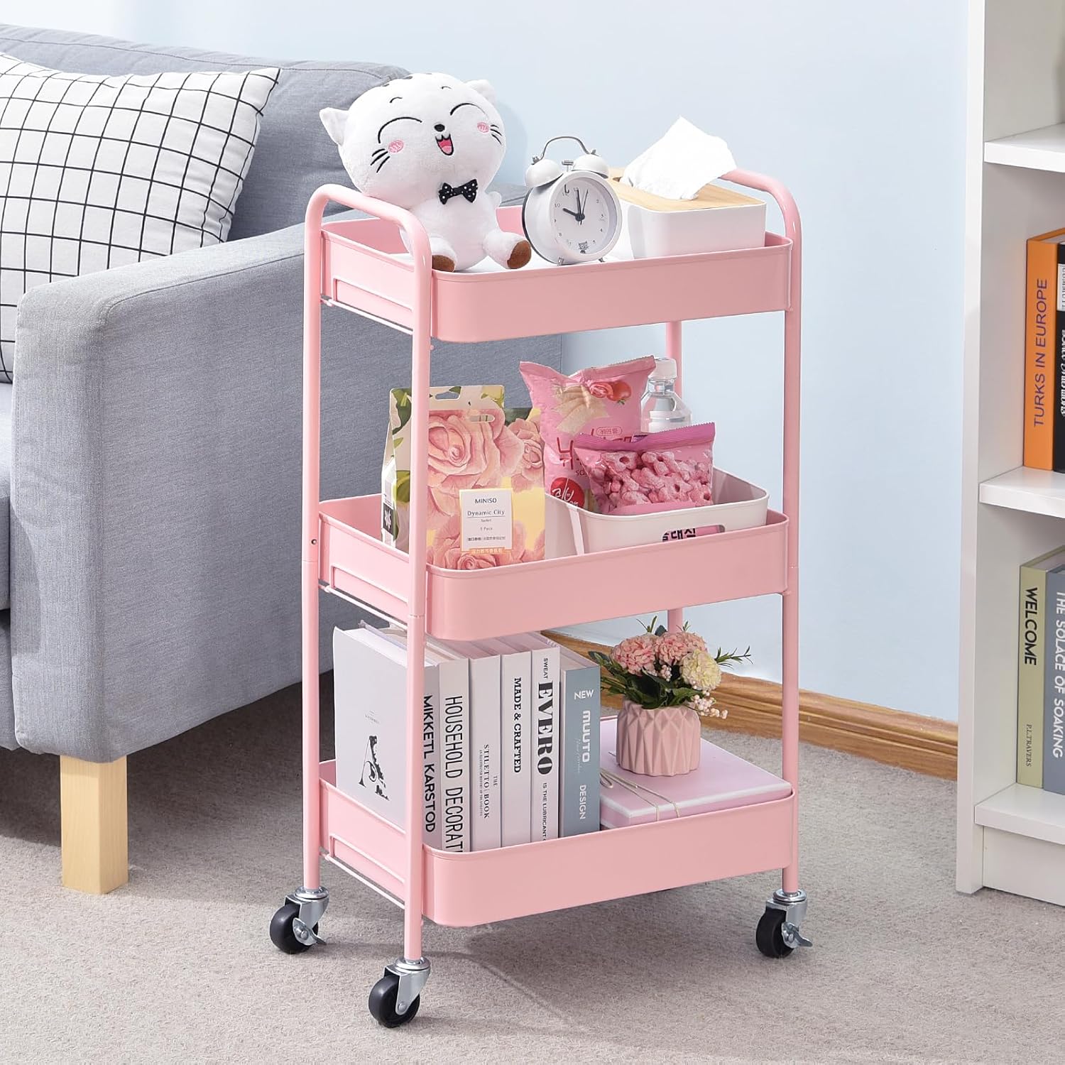 Thumbnail 6 de TOOLF RY131218 3-Tier Metal Rolling Cart, Pink, Tool-Free Assembly