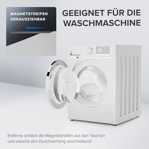 Detalle de ovimar Magnetischer Duschvorhang Langfossen 180 x 200 cm – weiß, waschbar, schnelltrocknend, Anti-Schimmel mit Magnetleiste und Ringset