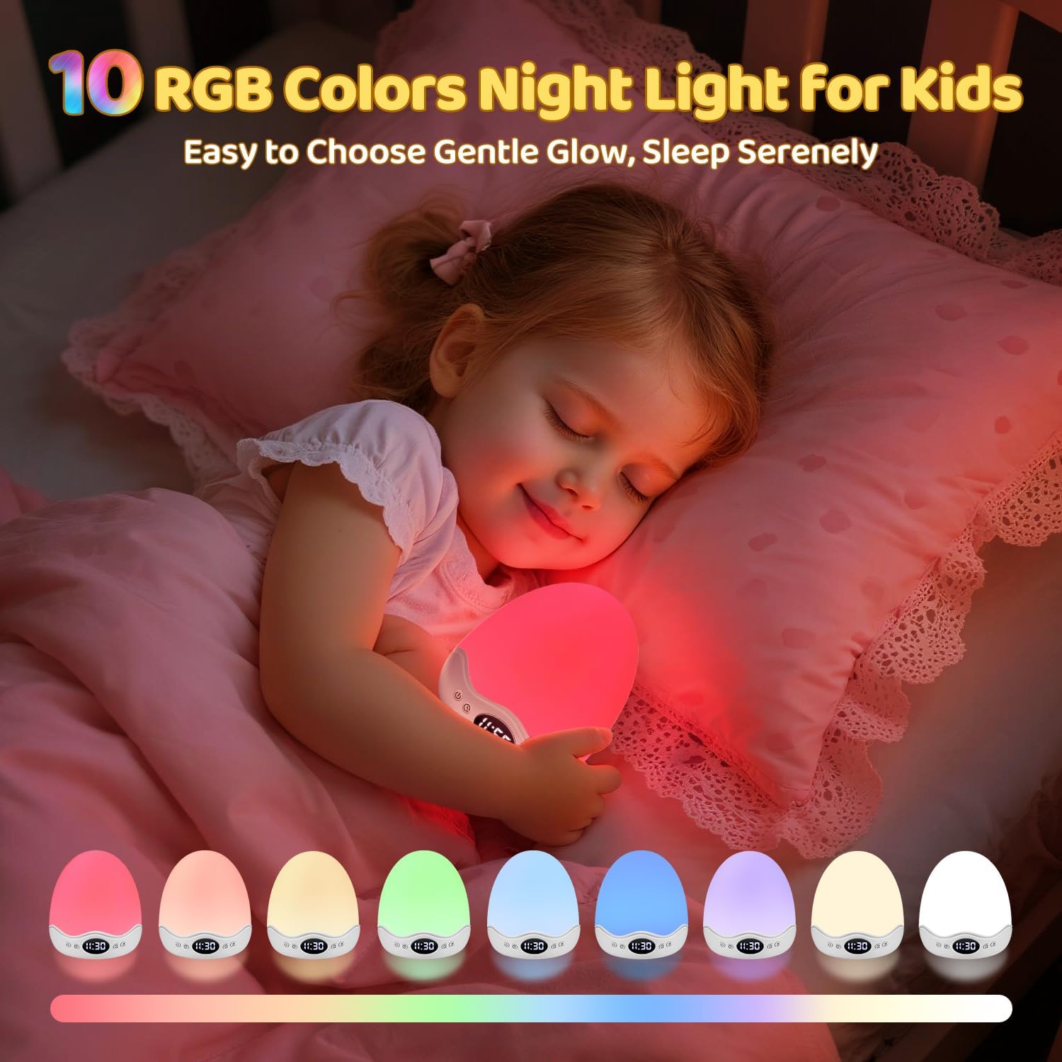Detalle de PIKOY Egg Light Baby Night Light with Clock, 10 Colours & 10 Brightness Levels