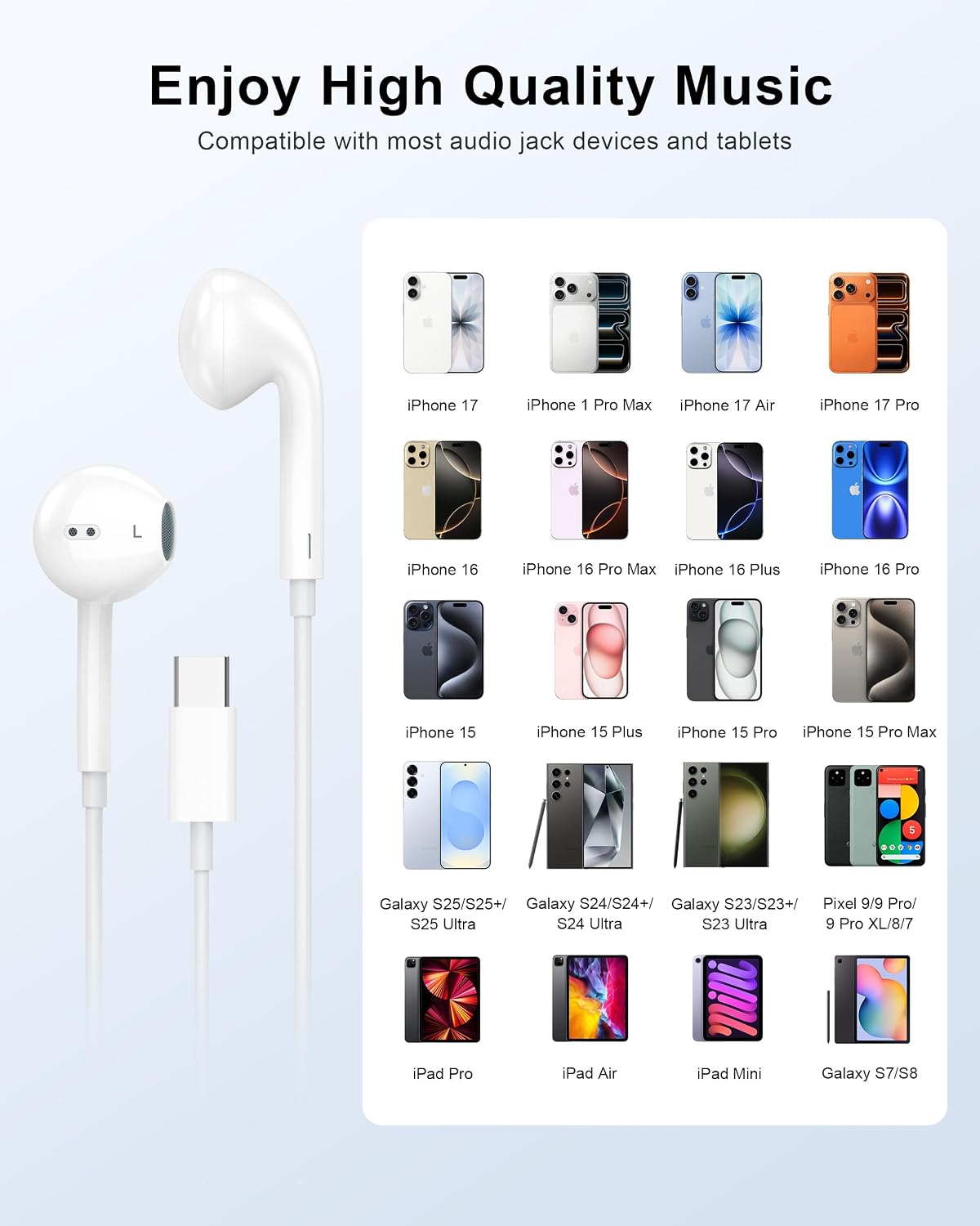 Detalle de Apple MFi Certified USB C Earphones Wired for iPhone 17/16/15 (2 Pack) with Mic & Remote – Noise Cancelling Earbuds