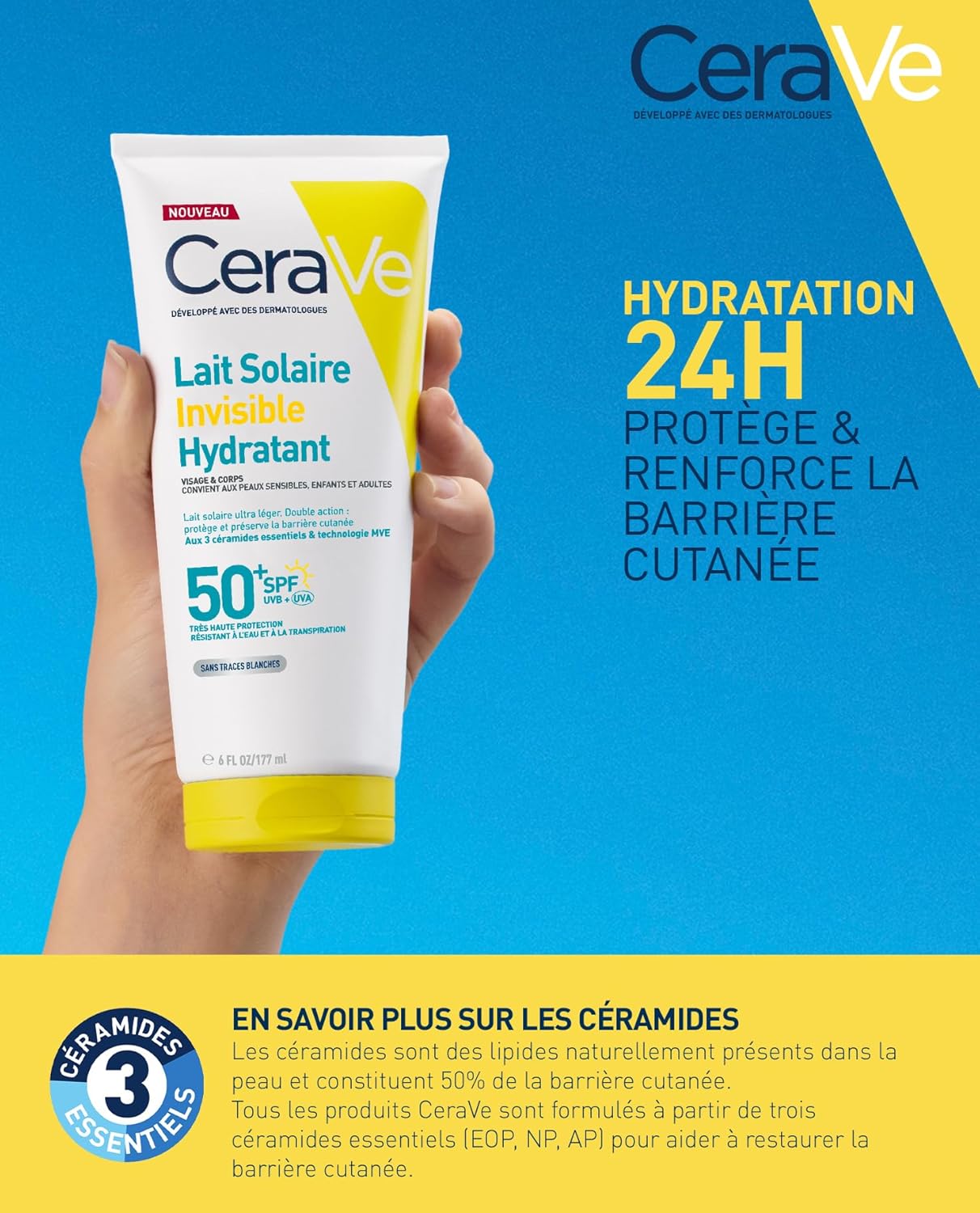 Detalle de CeraVe Lait Solaire Invisible Hydratant SPF50+ — Protection 24h et hydratation durable