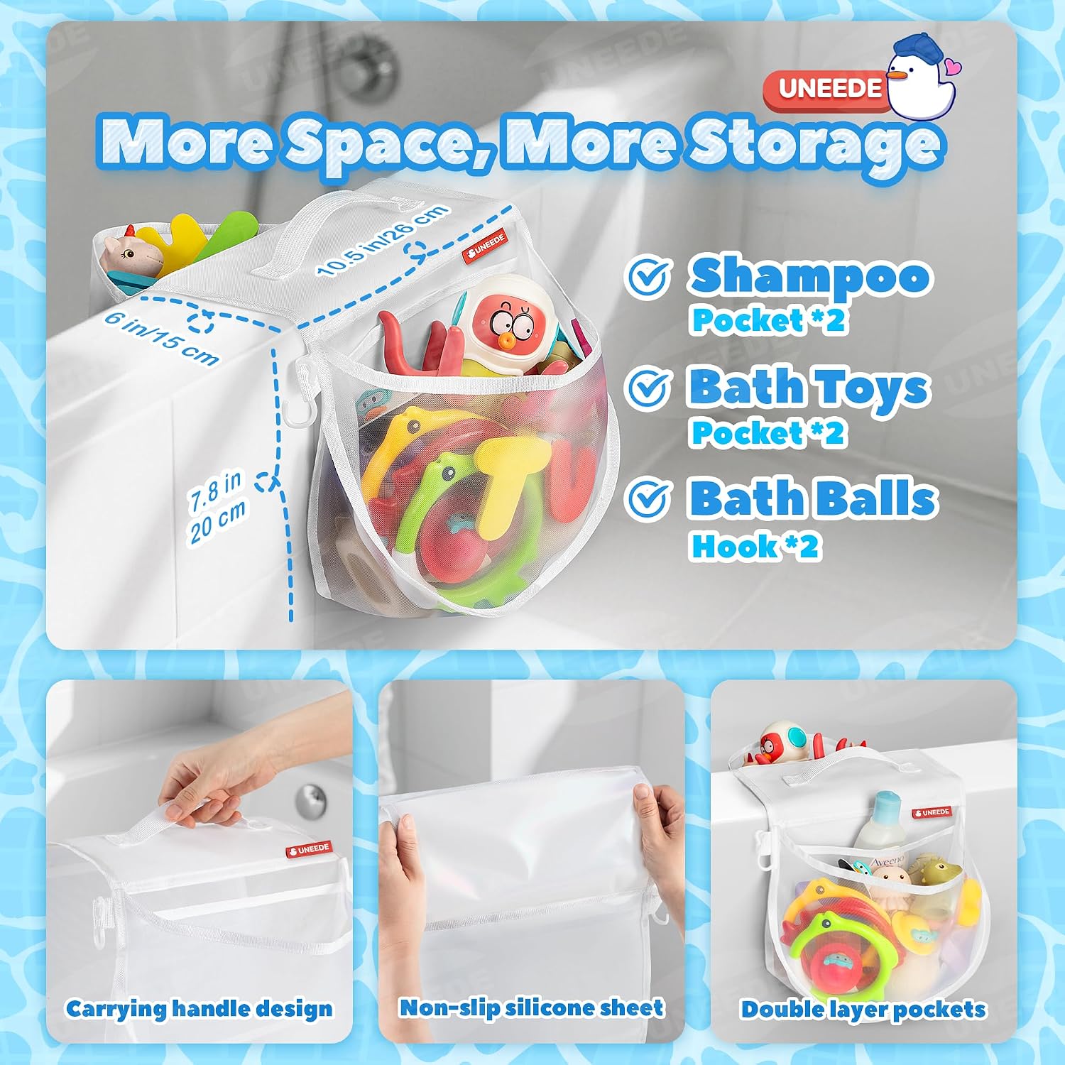 Thumbnail 4 de UNEEDE Double Sided Bath Toy Storage – Mesh Bag with Four Compartments