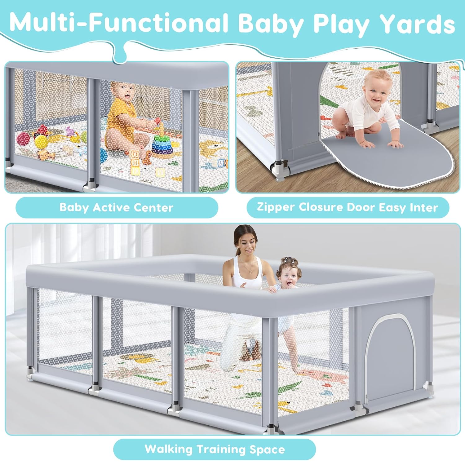 Thumbnail 5 de Fshibila 74" × 50" Large Baby Playpen (Baby Playard) with Breathable Mesh, Anti-Fall Safety & Mat