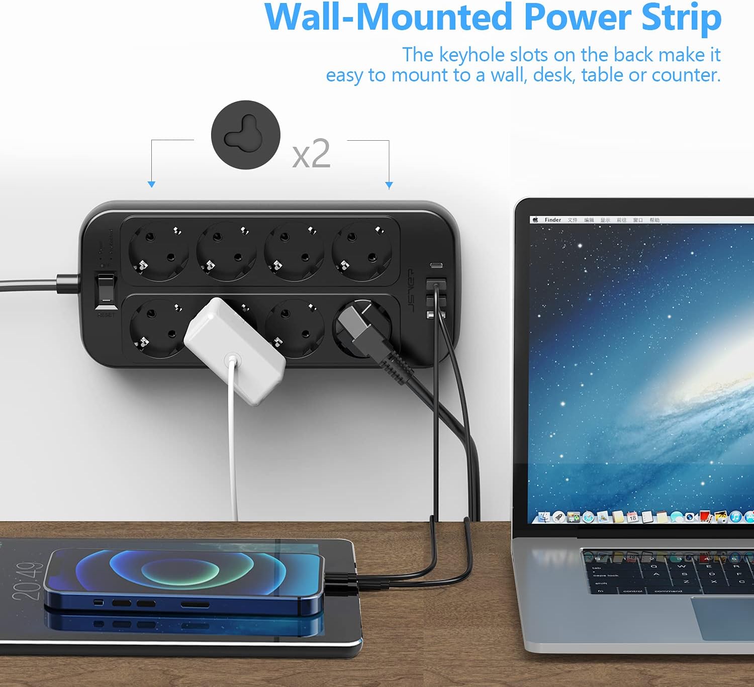 Thumbnail 4 de JSVER Multiprise 8 prises avec USB-C et USB-A, câble 2 m – Surtension, terre et interrupteur