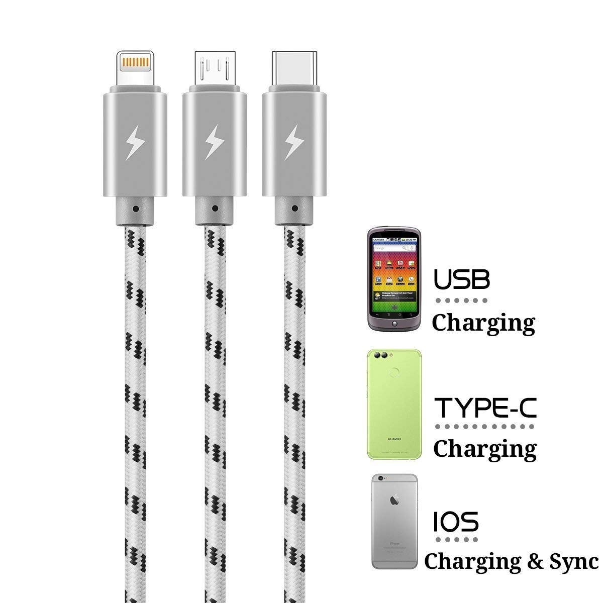 Detalle 2 de ASICEN 3-in-1 3M Nylon Braided Multi Charger Cable (Lightning/USB‑C/Micro USB) – 3A