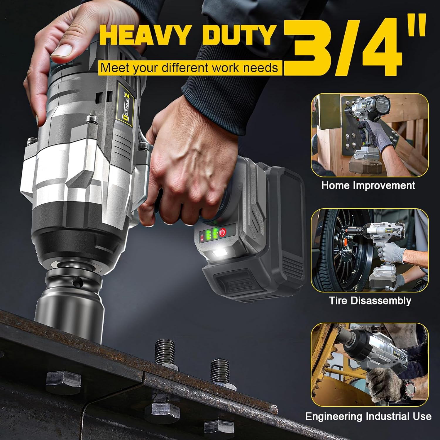Thumbnail 1 de DIYtoolifz 3/4" Cordless Impact Wrench (Bare Tool) – 1850 FT-LBS / 2500 N.m, 4-Speed, Dewalt 20V Battery Compatible