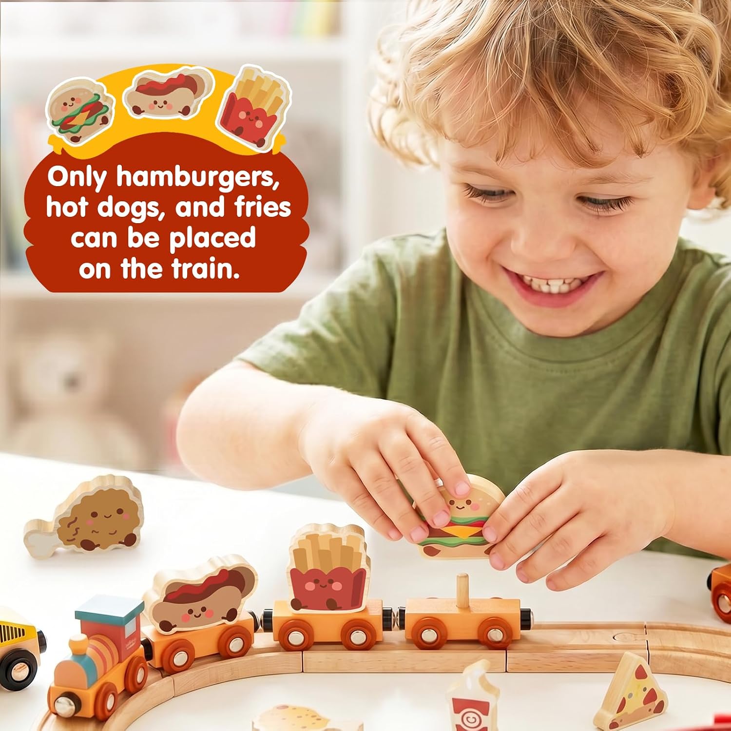 Detalle 2 de Lehoo Castle WTT-007 Wooden Train Set, 36 Pieces, Burger-Themed Play