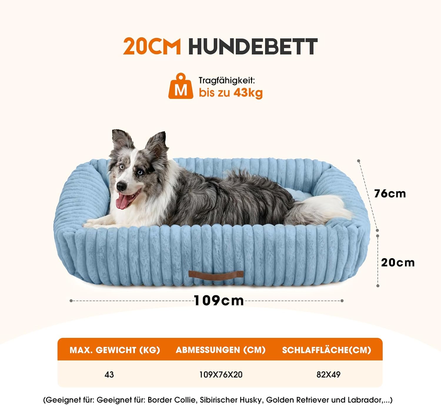 Thumbnail 6 de Upvilla Luxusweicher Hundekorb mit 4-seitigem Nackenkissen – Hundebett 109 × 76 × 20 cm (blau)
