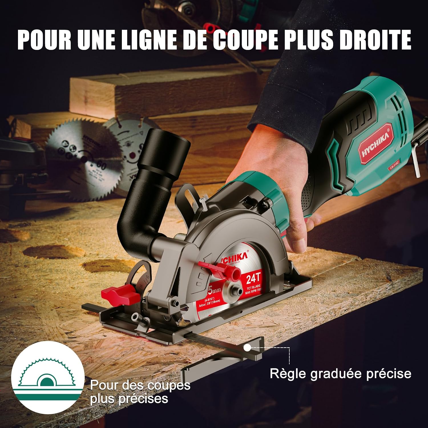 Detalle de HYCHIKA Mini scie circulaire 750W 3 lames 115/125 mm avec rail de guidage et sac de transport
