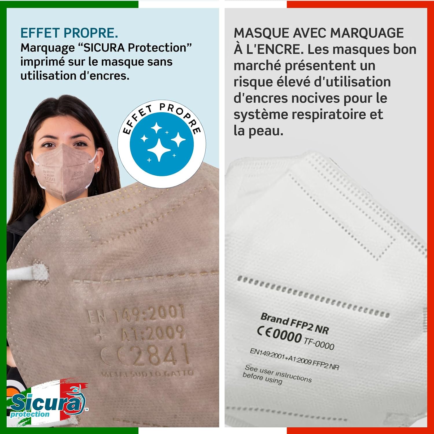 Detalle de Masques FFP2 certifiés CE Beige SICURA – 50 unités, emballage individuel, Made in Italy
