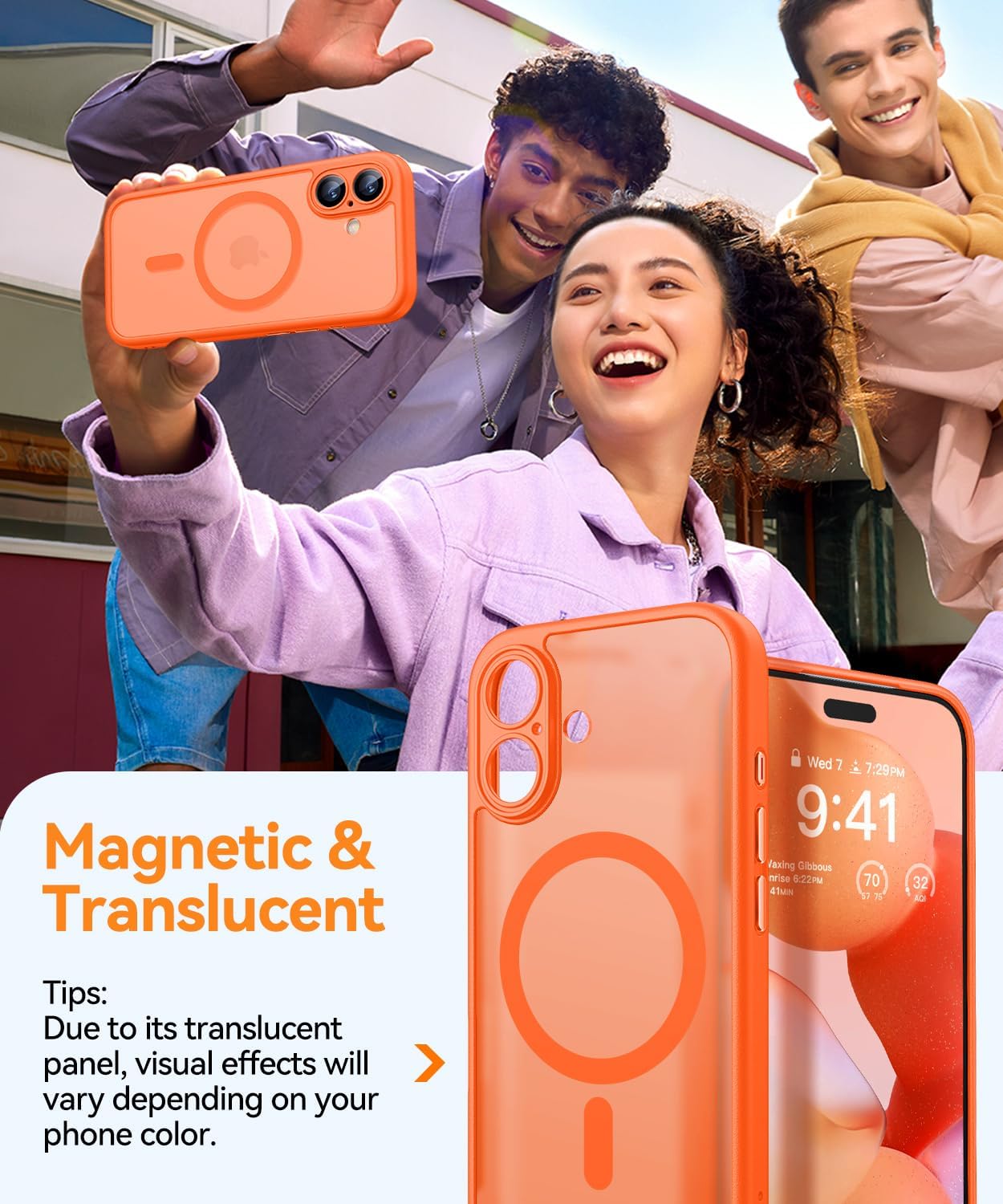Detalle de CANSHN Cover Magnetica per iPhone 17 (6,3 Pollici) – Protezione completa fotocamera, MagSafe e design opaco traslucido arancione