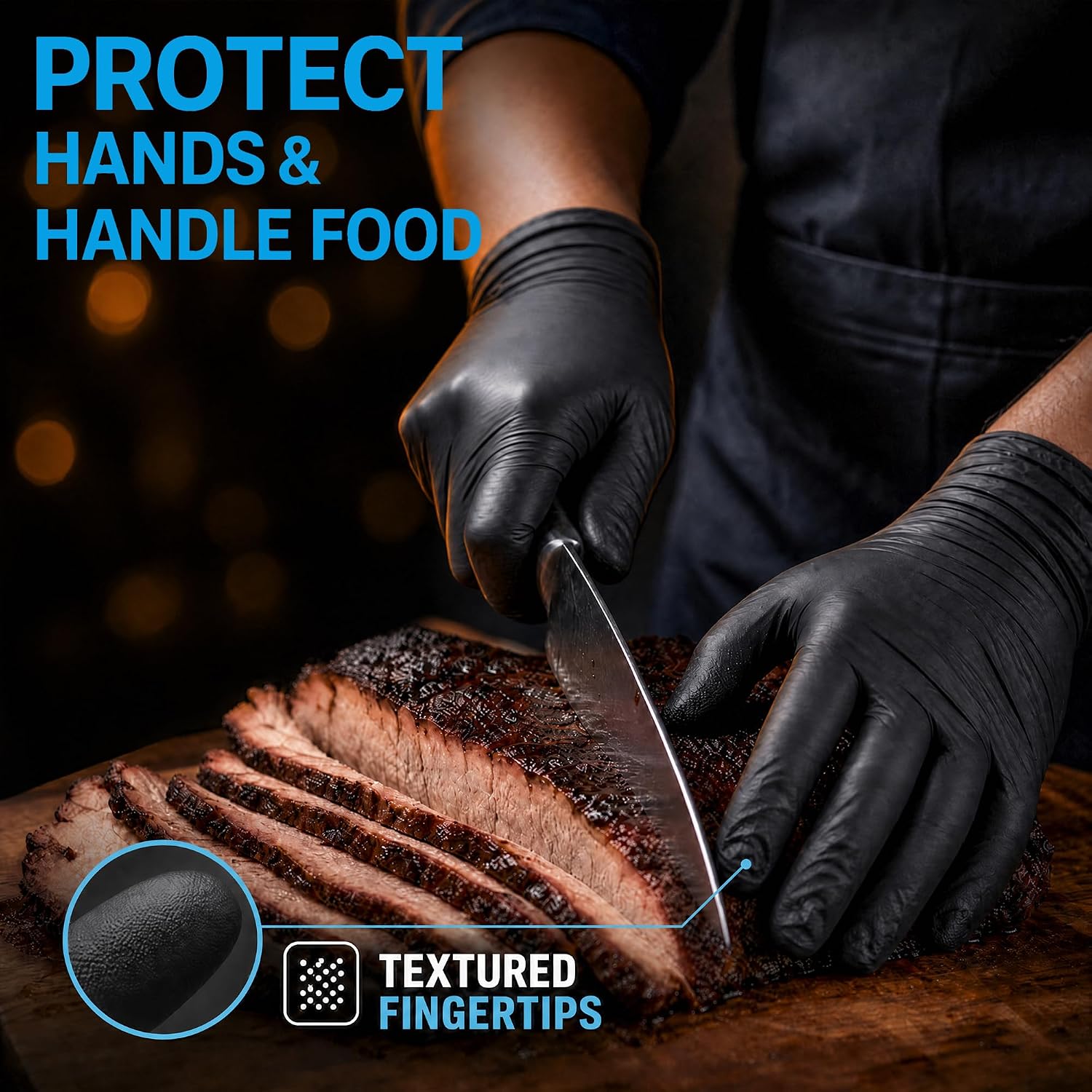 Detalle de UYKKE Heavy Duty 6 Mil Nitrile Black Gloves (1000 pcs) — Latex-free, Powder-free, Textured Tips