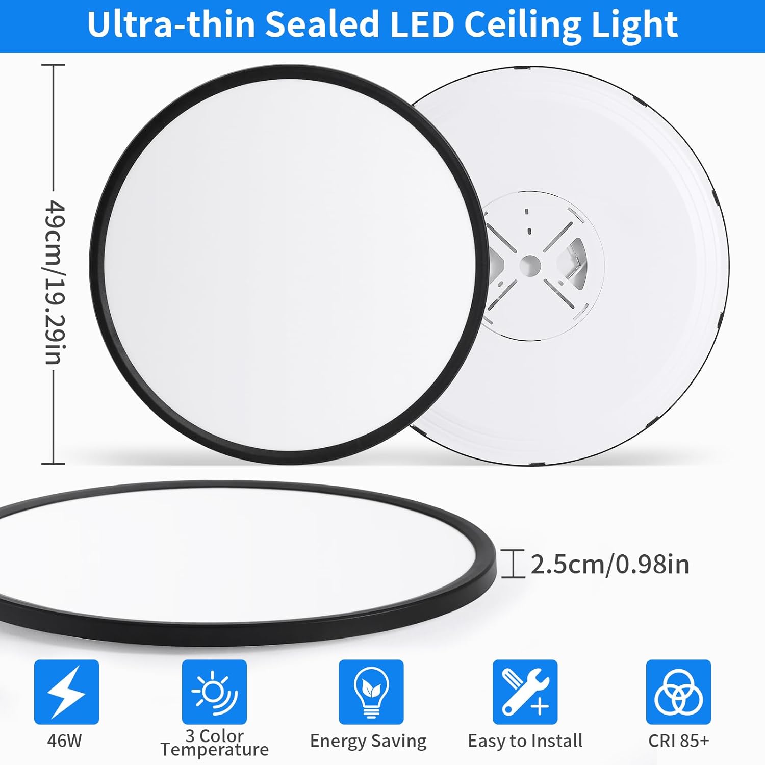Thumbnail 2 de MOONSEA 46W LED Deckenleuchte – ultra-dünn, 3 Farbtemperaturen, Ø49 cm