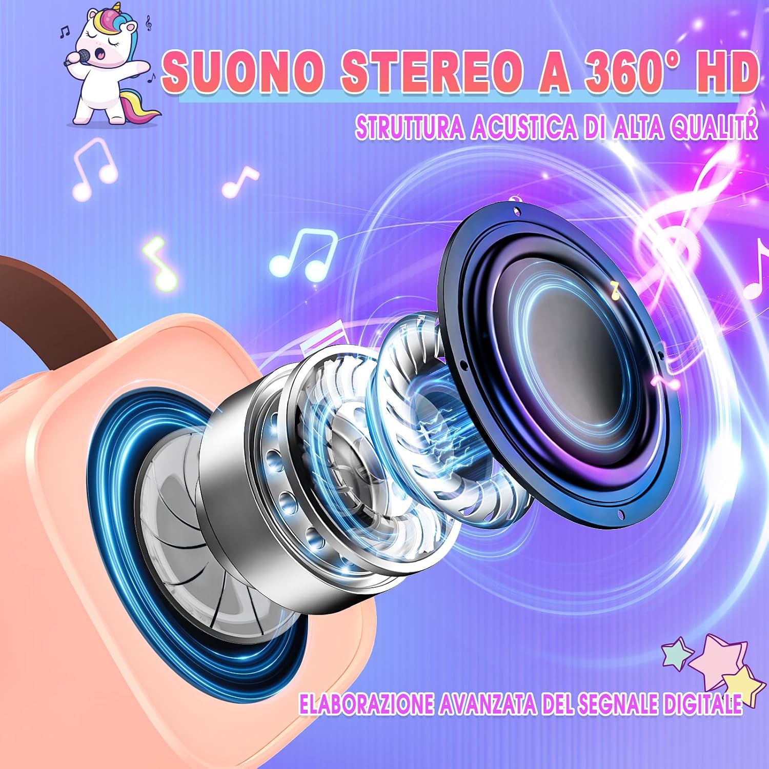 Detalle de Dislocati karaoke per bambini con 2 microfoni wireless, Bluetooth e luci LED a tema unicorno (3-12 anni)