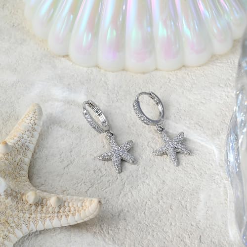 Detalle de Aliyoham Silver-Plated Starfish Hoop Earrings with Cubic Zirconia