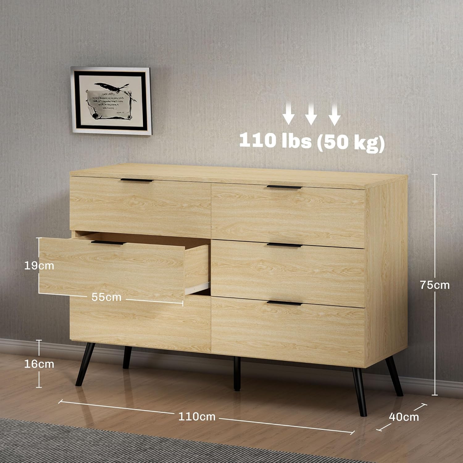 Thumbnail 2 de HOMCOM Commode à 6 tiroirs – Design moderne, stabilité anti-basculement, 110 x 40 x 75 cm