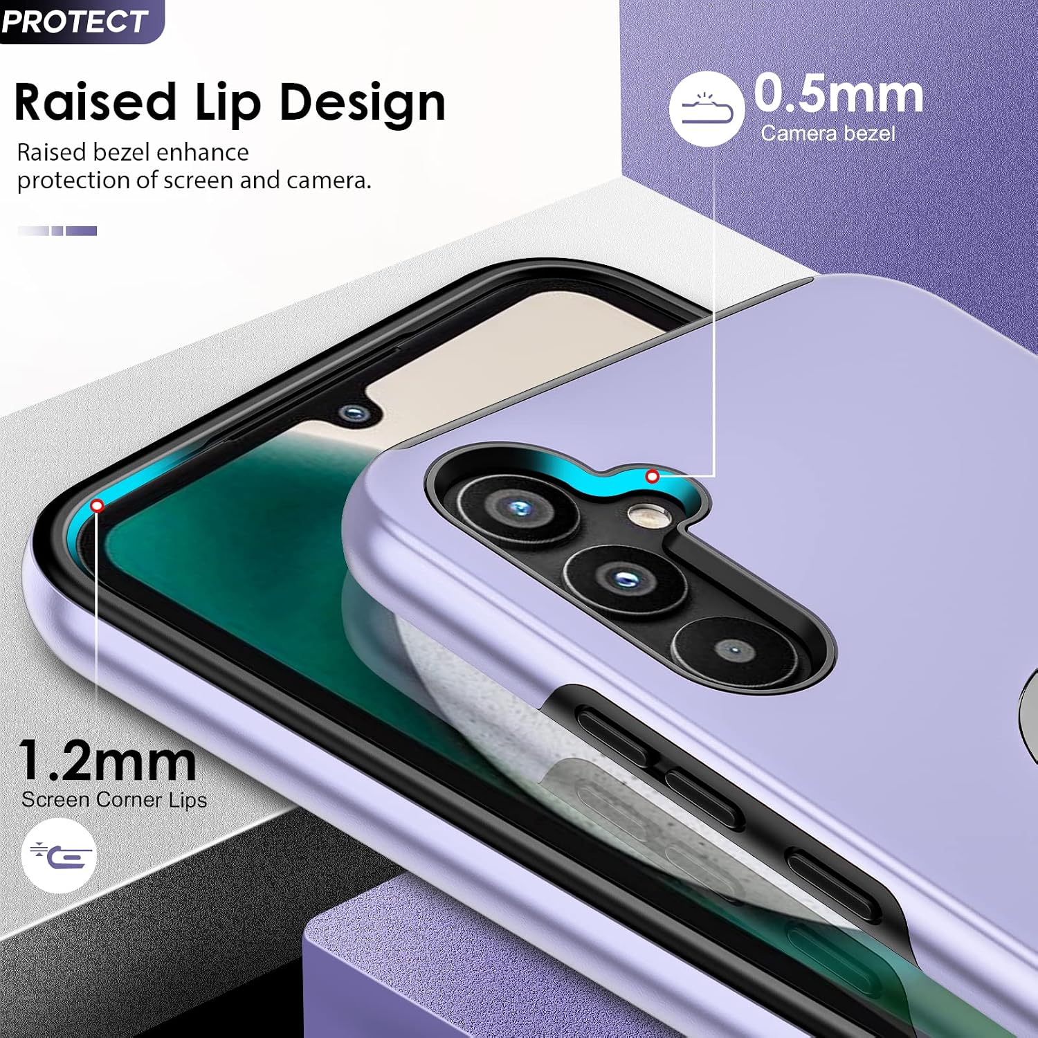 Detalle de Samsung Galaxy A34 5G purple shockproof case with 2 screen protectors