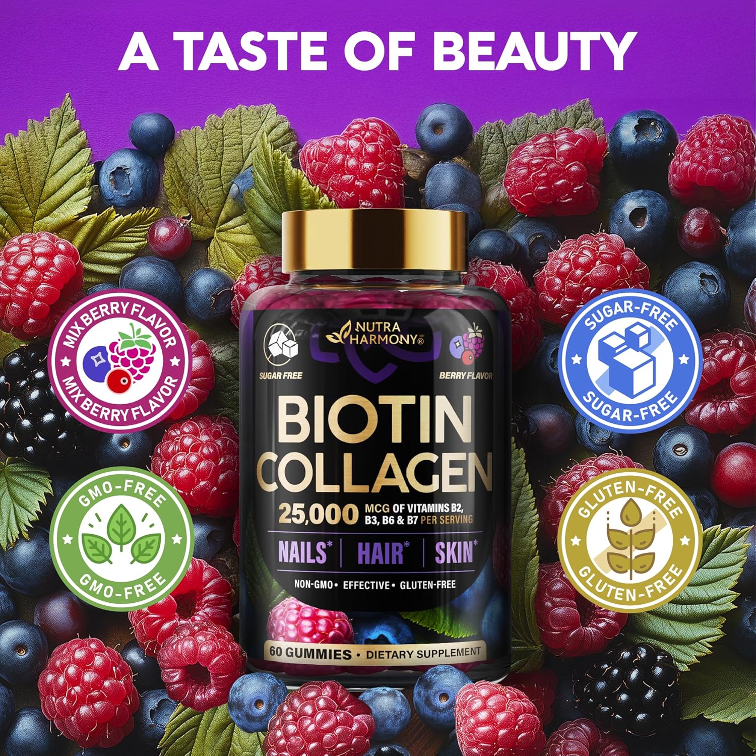Detalle de NUTRAHARMONY NH-BTNGMY60 Biotin Gummies, Berry, Sugar-Free, 10,000 mcg