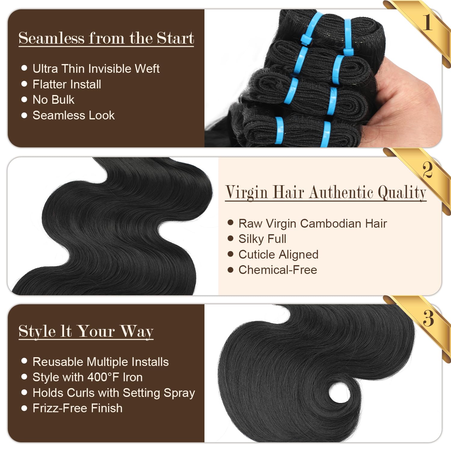 Thumbnail 6 de BSQQ 16A Body Wave Human Hair Bundles (18/20/22 Inch, 100% Raw Virgin Hair)