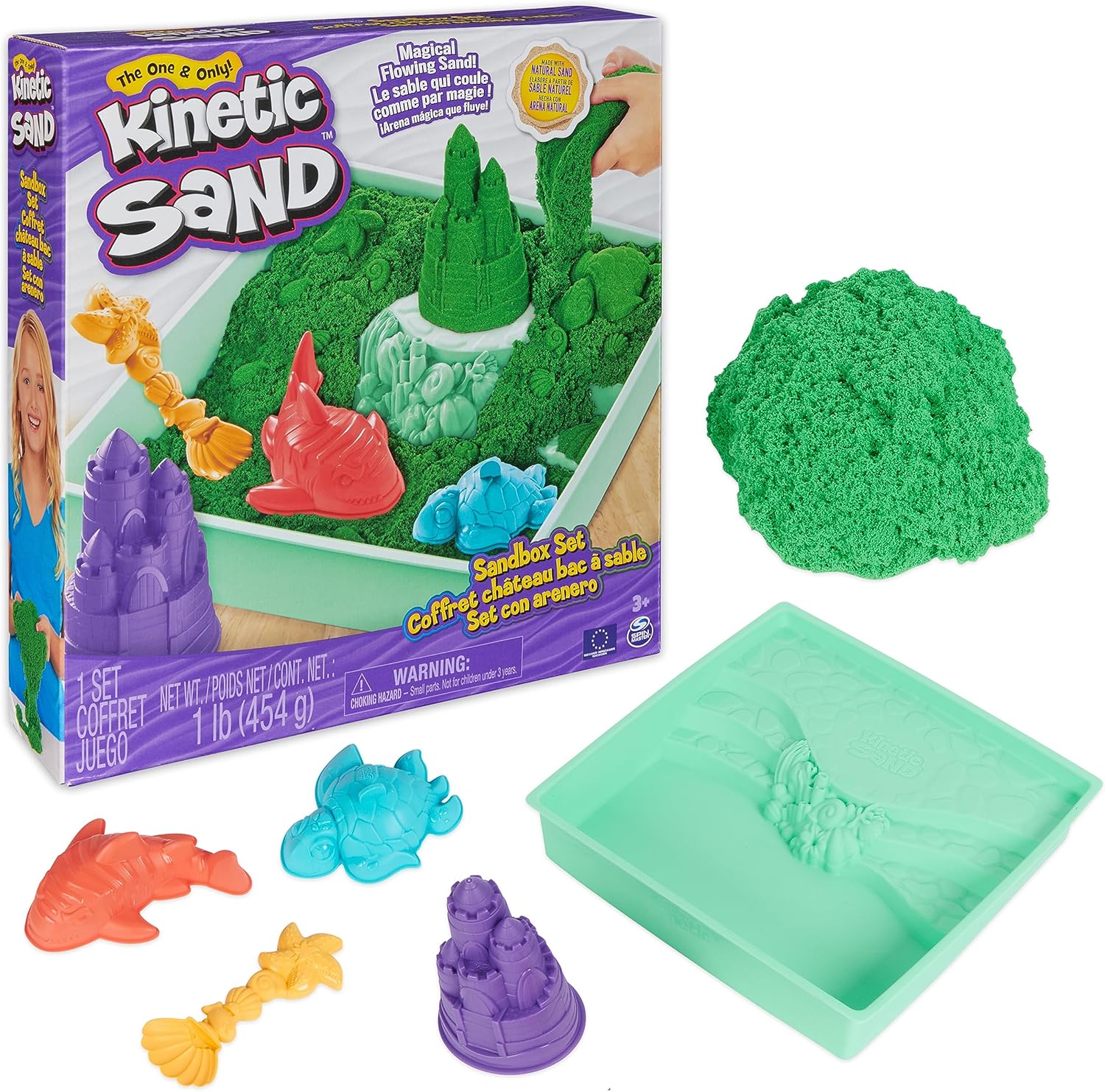Kinetic Sand Sandbox Set Grün mit 454 g Sand aus Schweden – 1 Sandkasten, 3 Förmchen und Schaufel für Indoor-Sandspiel ab 3 Jahren