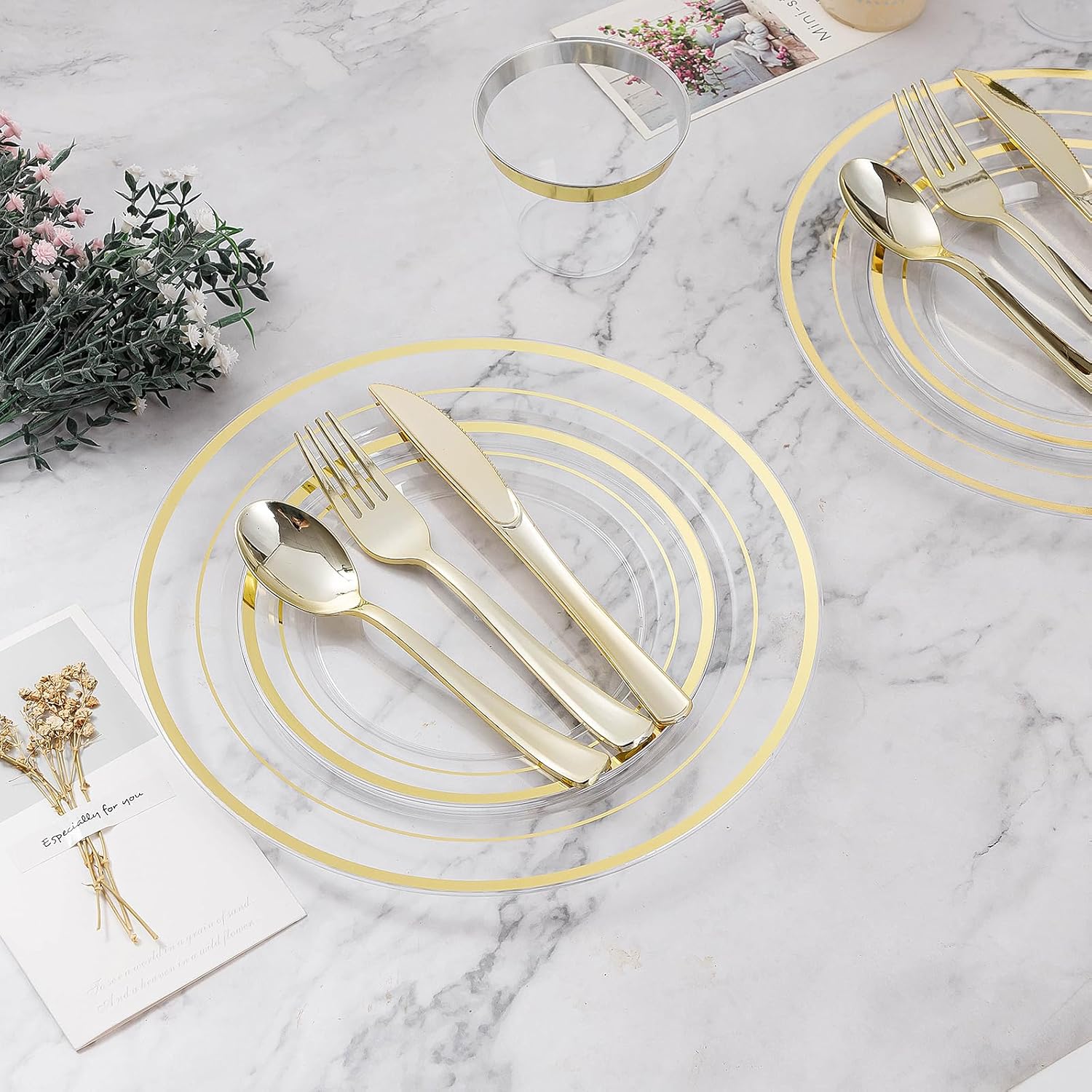 Thumbnail 3 de BESTVIP 600-Piece Clear Gold Disposable Dinnerware Set for 100 Guests