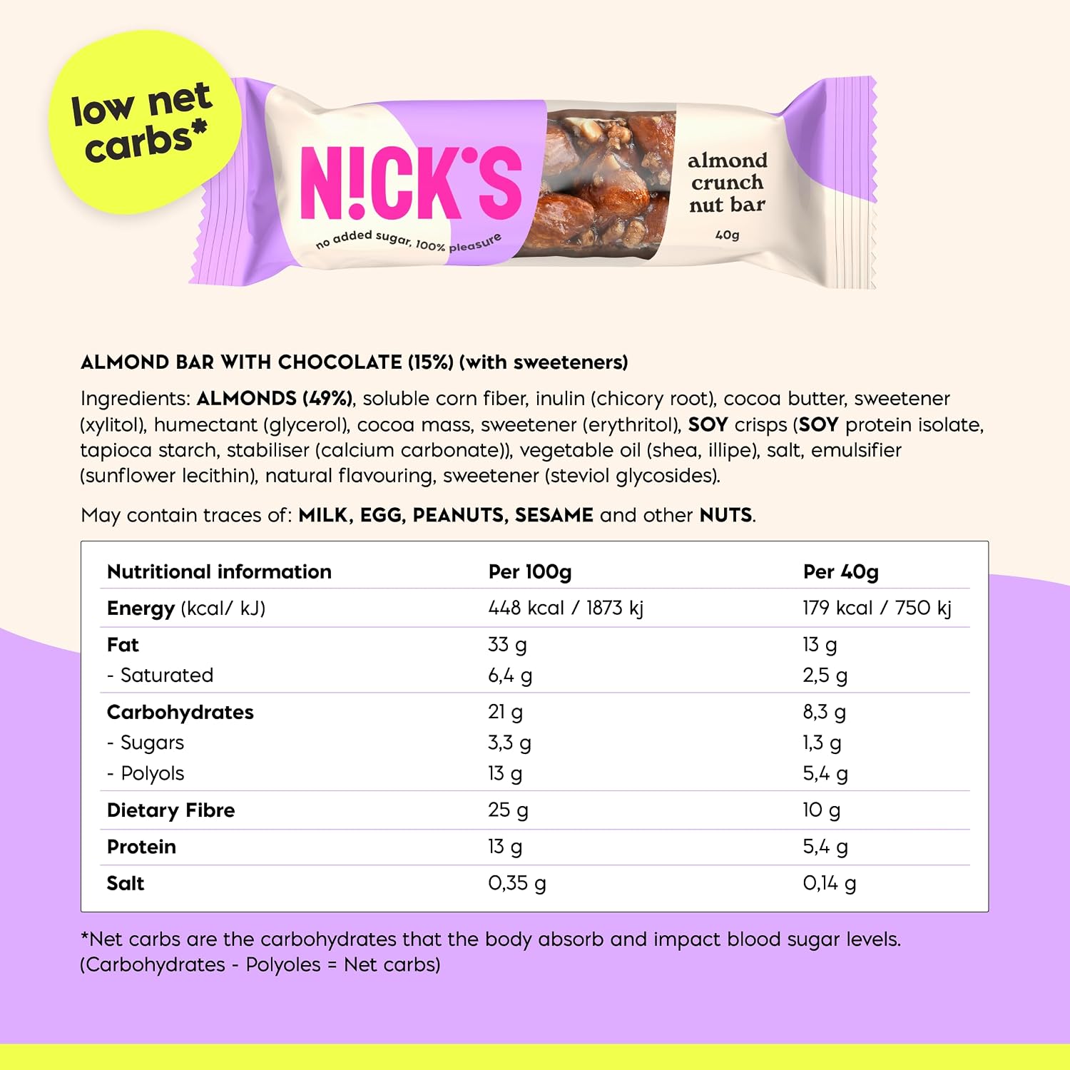 Detalle de N!CK'S Nut Bar Almond Crunch, Vegan Chocolate Snack, Multipack 12 x 40 g